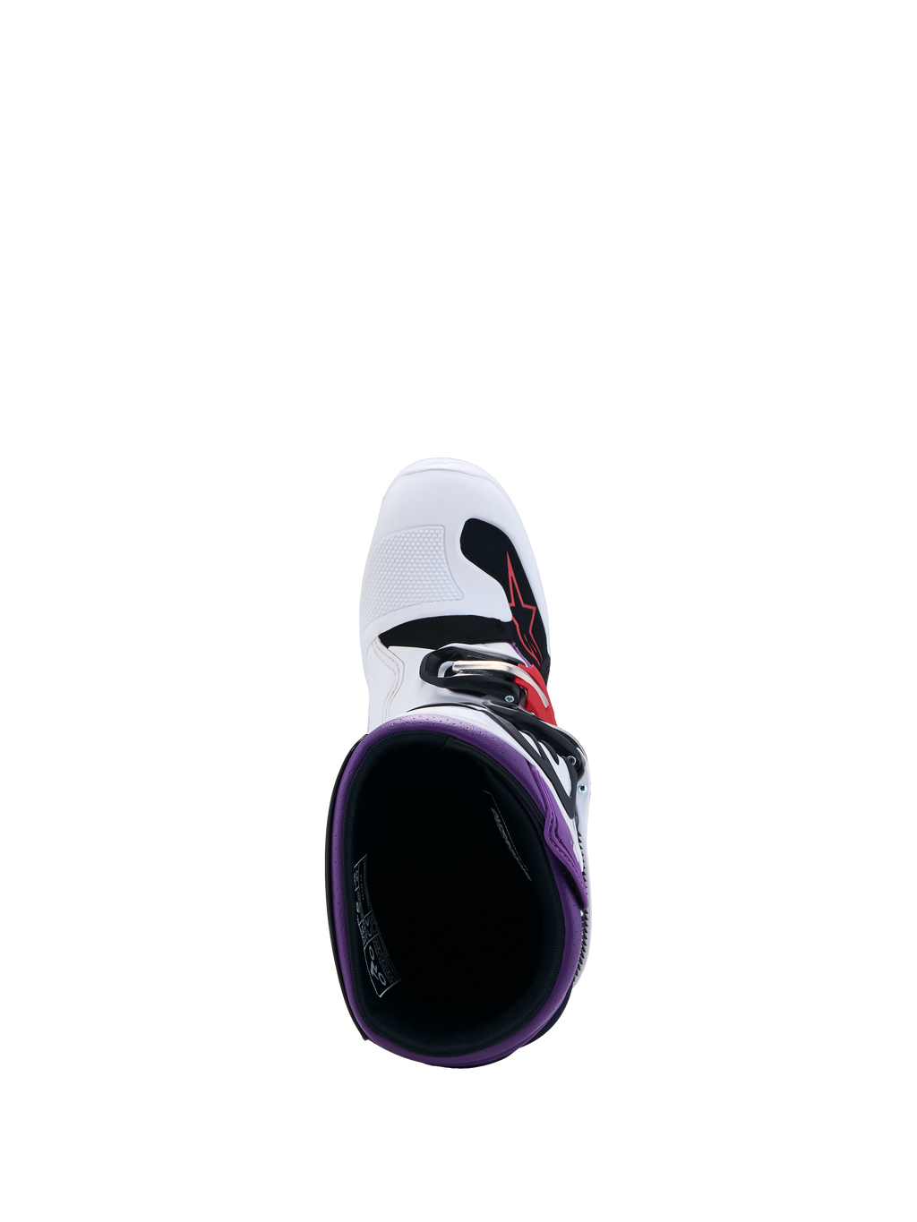 Alpinestars Tech 7S Støvler Ungdom, hvid og sort motocrossstøvle med lilla detaljer, set oppefra med kig ned i støvlen, off-road fodtøj til børn.