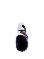 Alpinestars Tech 7S Støvler Ungdom, hvid og sort motocrossstøvle med lilla detaljer, set oppefra med kig ned i støvlen, off-road fodtøj til børn.