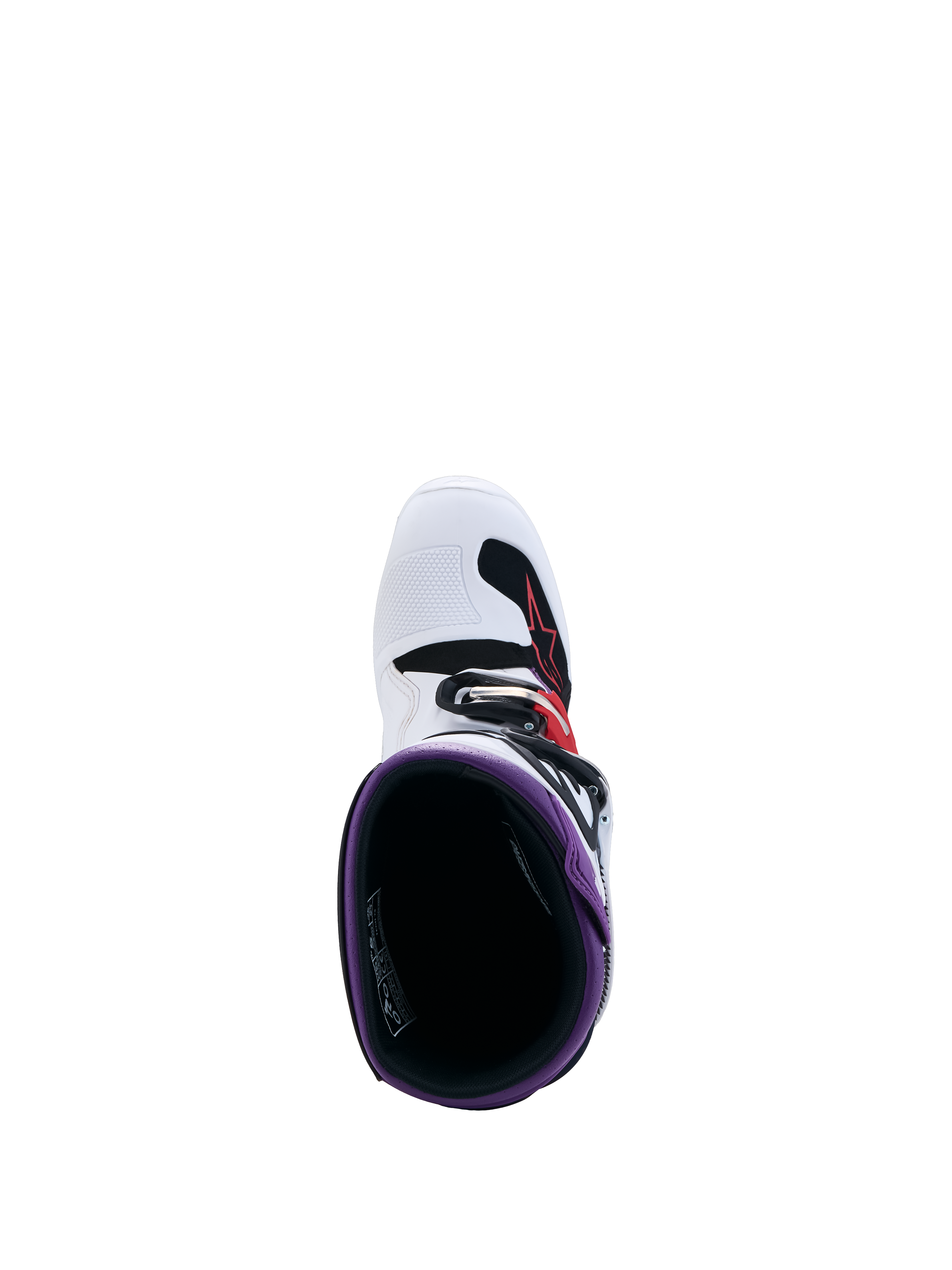 Alpinestars Tech 7S Støvler Ungdom, hvid og sort motocrossstøvle med lilla detaljer, set oppefra med kig ned i støvlen, off-road fodtøj til børn.