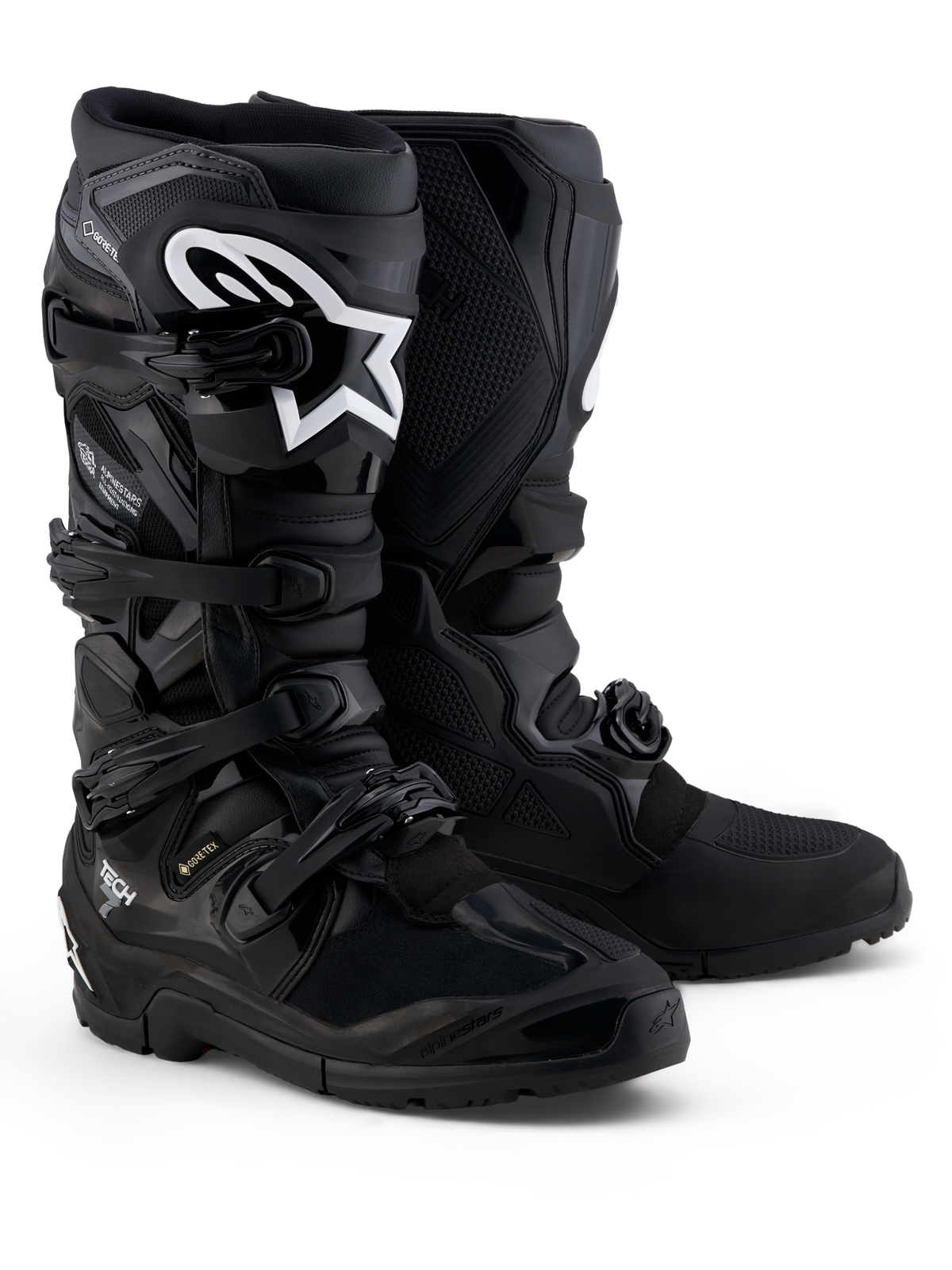 Alpinestars Tech 7 Enduro Gore-Tex støvler, vandtætte off-road motorcykelstøvler i sort og grå med beskyttende TPU-panser.
