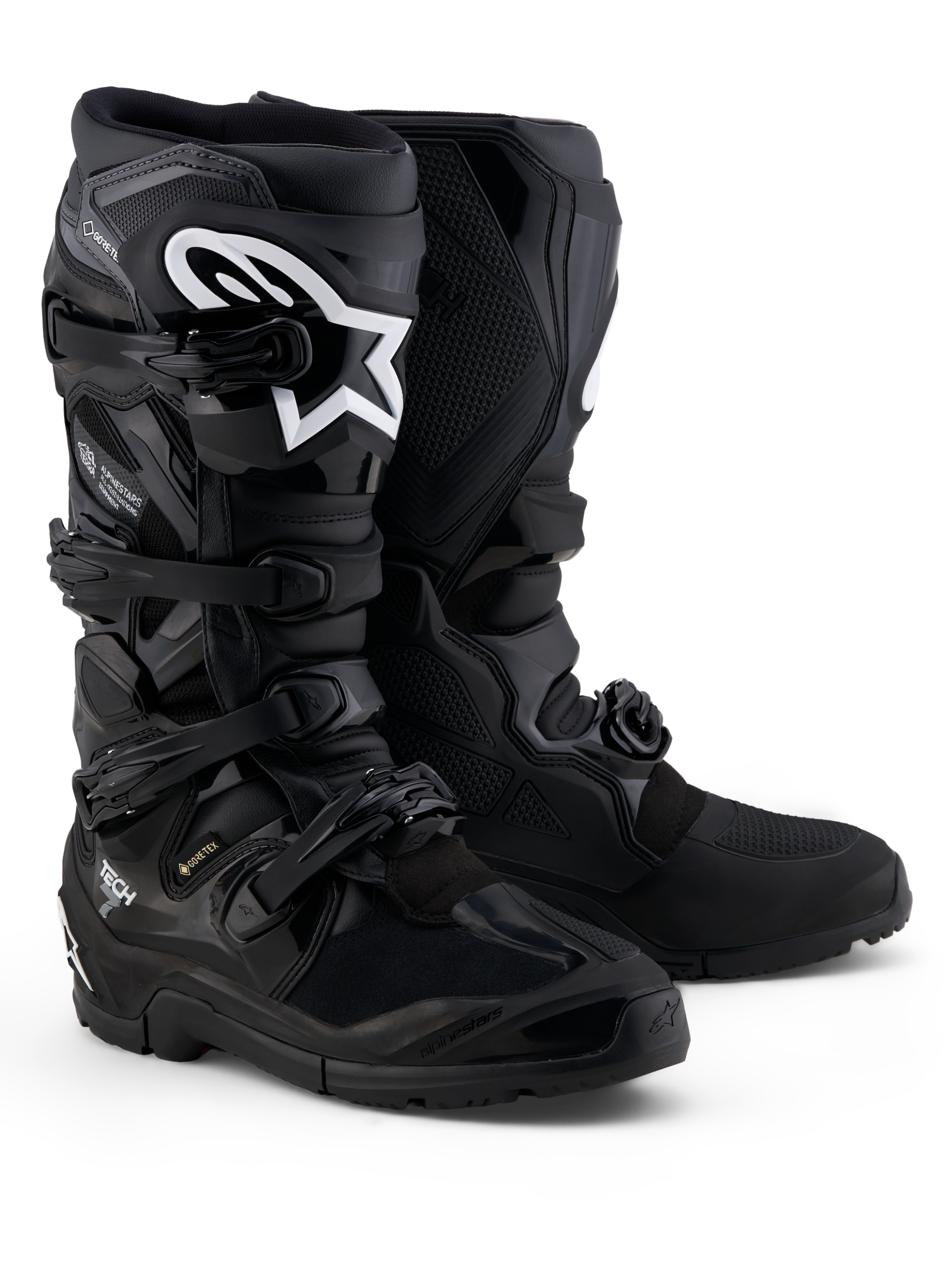Alpinestars Tech 7 Enduro Gore-Tex Boots, waterproof black and gray off-road motorcycle boots featuring protective TPU armor.