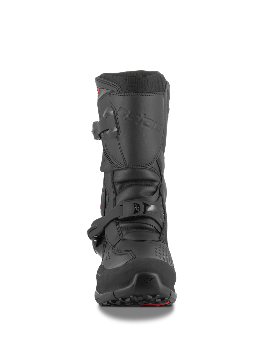 Alpinestars XT-8 GORE-TEX Boots, Black, front view, featuring double buckle closure system, tall protective design for adventure touring and off-road riding, durable construction with rugged lugged outsole
