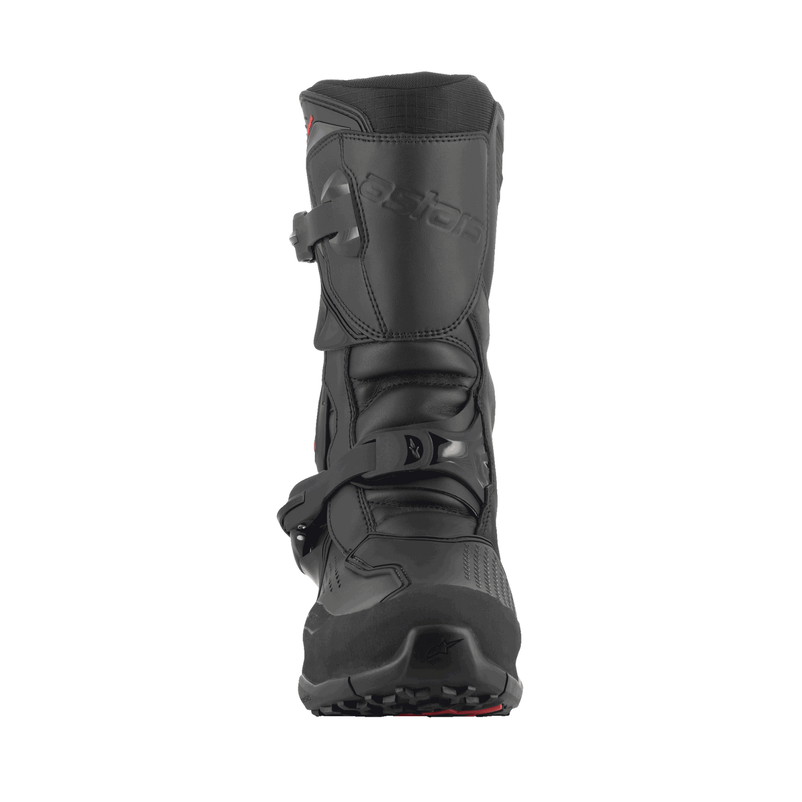 A pair of black/black XT-8 Gore-Tex high-top adventure enduro boots by Alpinestars EU, featuring red detailing. These boots boast a reinforced design with protective buckles and a rugged sole for enhanced grip. The Alpinestars logo is visible on the side, and the durable material makes them perfect for off-road riding.