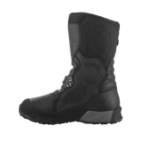 A pair of black/black XT-8 Gore-Tex high-top adventure enduro boots by Alpinestars EU, featuring red detailing. These boots boast a reinforced design with protective buckles and a rugged sole for enhanced grip. The Alpinestars logo is visible on the side, and the durable material makes them perfect for off-road riding.