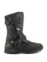 Alpinestars XT-8 GORE-TEX Boots, Black Adventure Enduro Motorcycle Boots, side profile, two buckle fastening system, protective TPU panels, red Alpinestars star logo, rugged lug outsole, waterproof and breathable GORE-TEX membrane