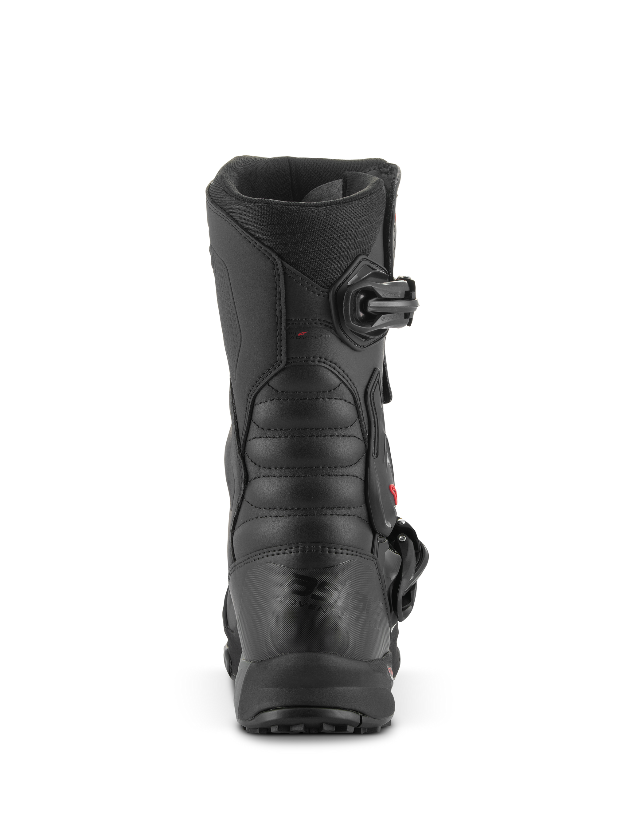 Alpinestars XT-8 GORE-TEX Boots, Adventure Enduro Motorcycle Boots, Black Black, Rear view highlighting the heel and shaft, featuring ribbed flex panels for movement and buckle closure, durable waterproof design