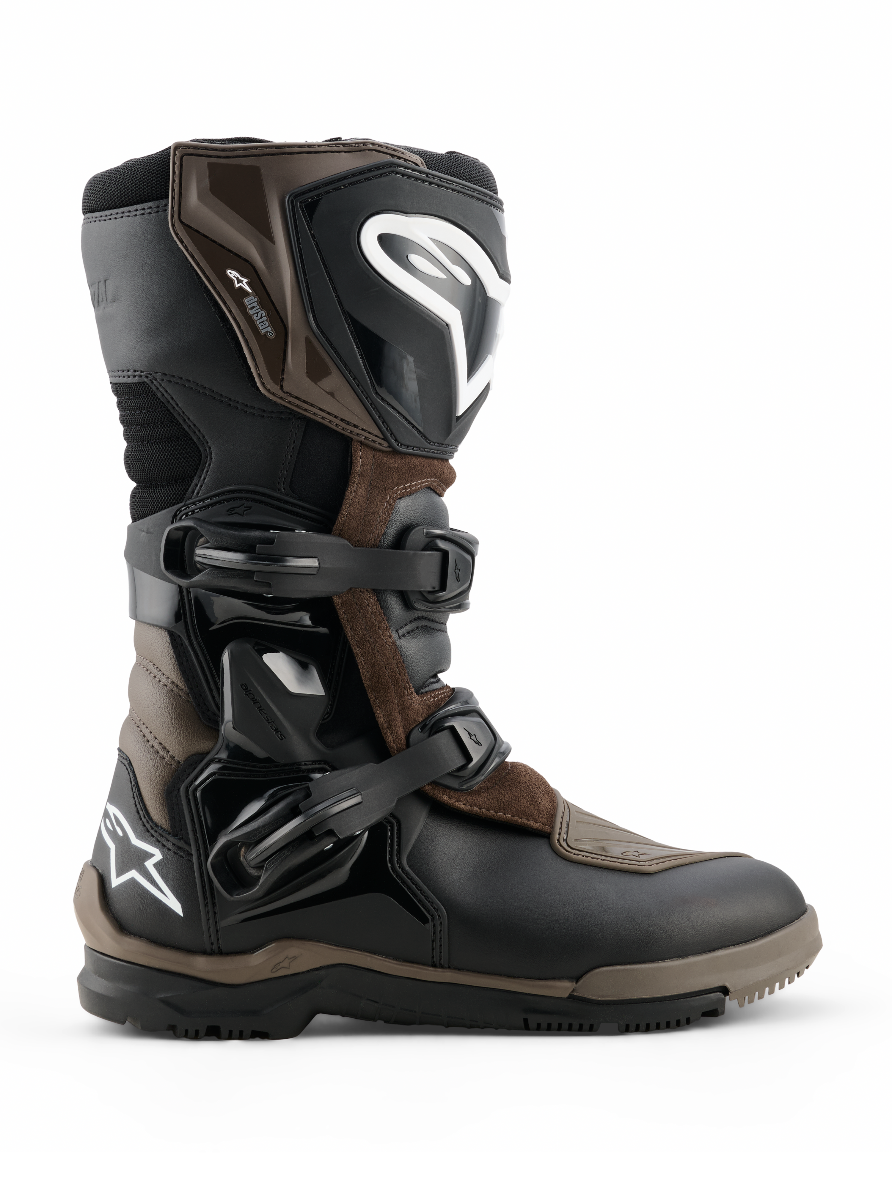 Alpinestars Corozal V2 Adventure Drystar støvler, motorcykel adventure touring-støvler, brun og sort, vandtæt konstruktion med justerbare spænderemme, forstærket ankel- og skinnebensbeskyttelse, kraftig mønstret sål for greb i alt terræn