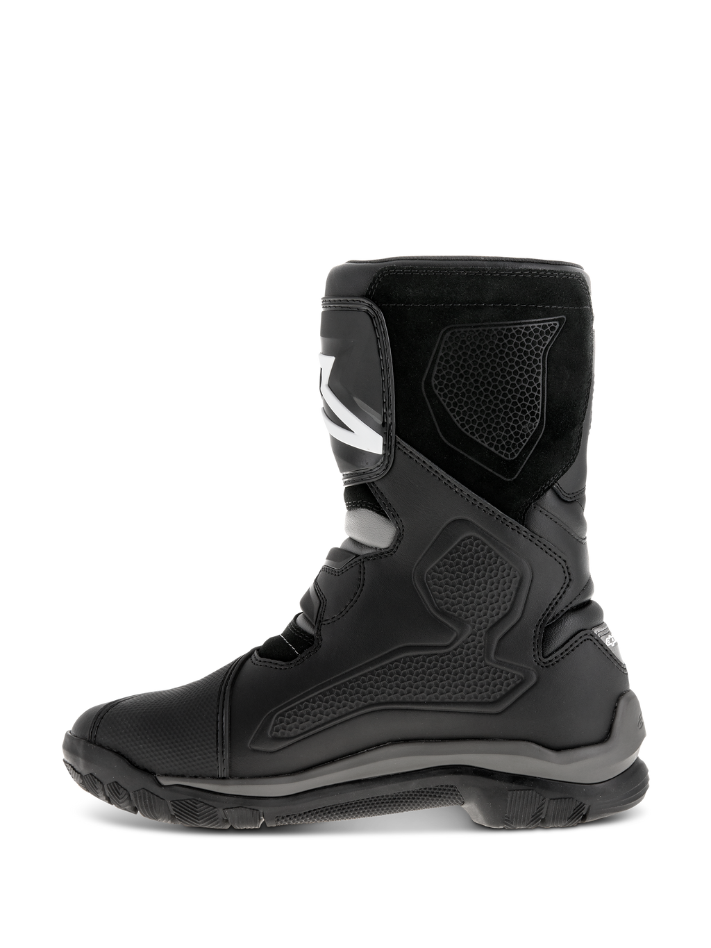 Alpinestars Belize Drystar® støvler, sorte motorcykelstøvler, profilvisning fra siden, læderkonstruktion med TPU-beskyttelsespaneler, ruskindstekstur og en robust vulkaniseret gummisål til adventure touring