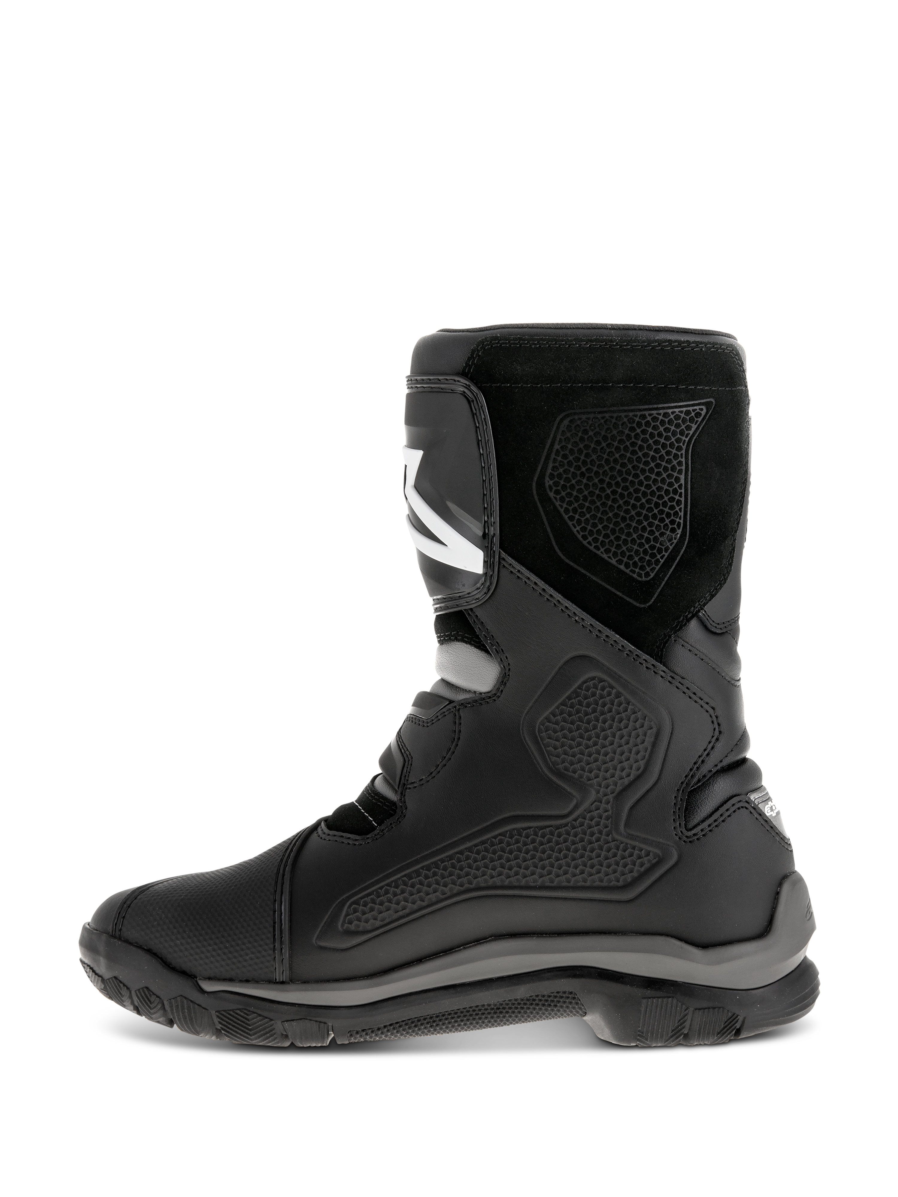 Alpinestars Belize Drystar® støvler, sorte motorcykelstøvler, profilvisning fra siden, læderkonstruktion med TPU-beskyttelsespaneler, ruskindstekstur og en robust vulkaniseret gummisål til adventure touring