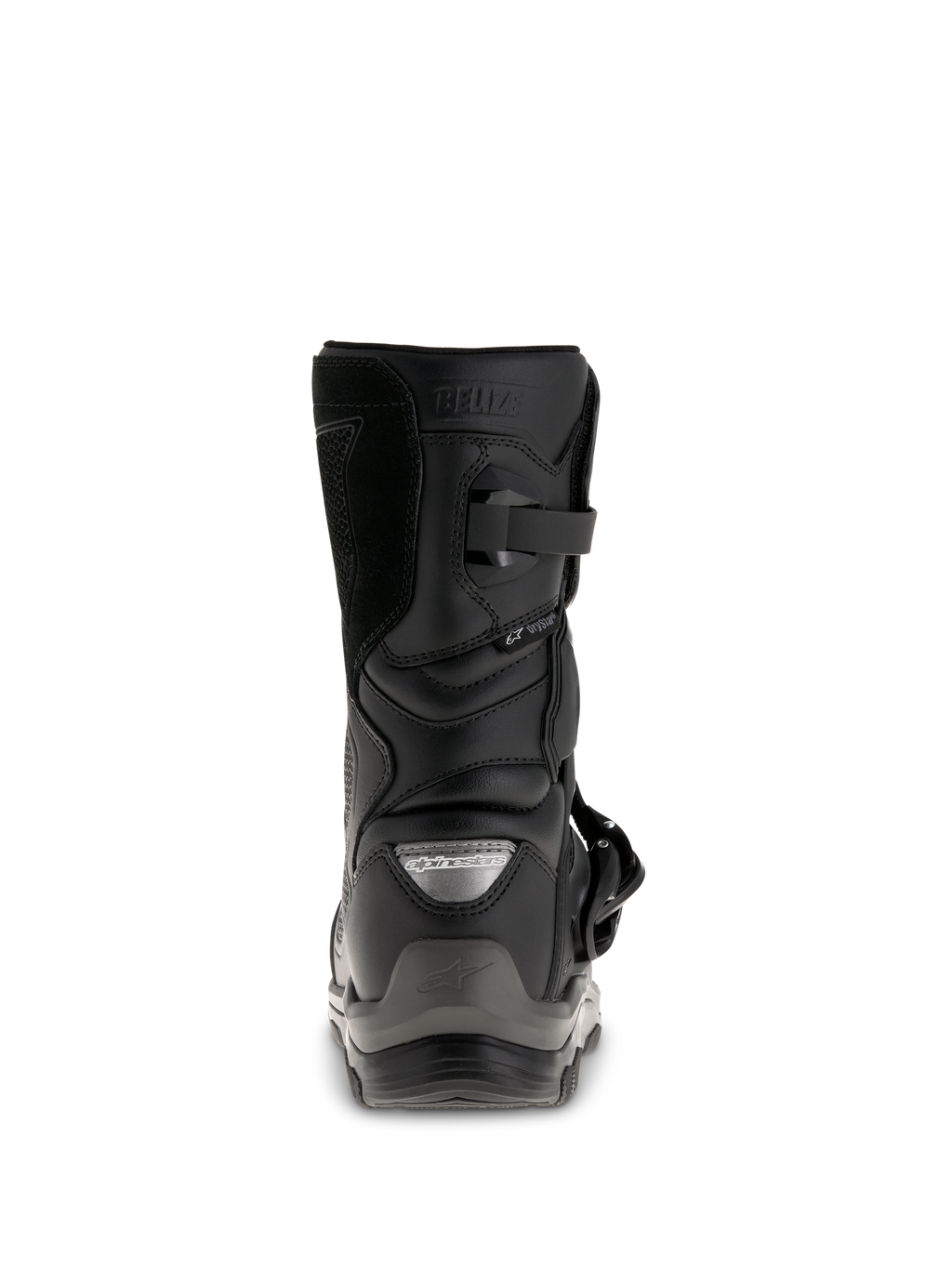 Alpinestars Belize Drystar® støvler, sorte adventure touring motorcykelstøvler, set bagfra, der viser hælkappen, spændelukningen og vandtæt Drystar® branding.