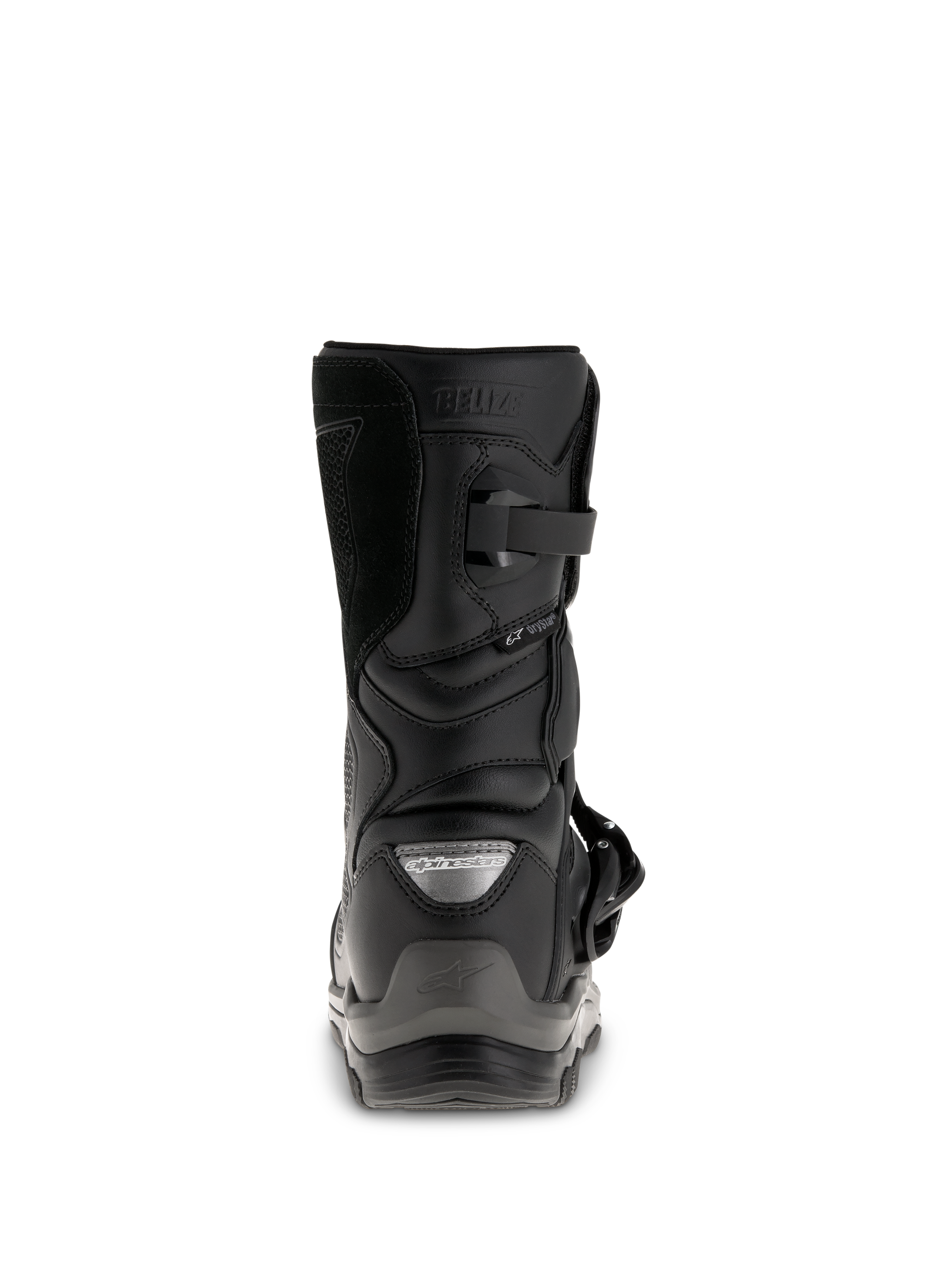 Alpinestars Belize Drystar® støvler, sorte adventure touring motorcykelstøvler, set bagfra, der viser hælkappen, spændelukningen og vandtæt Drystar® branding.