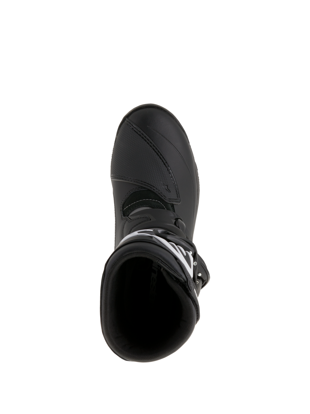Alpinestars Belize Drystar® støvler, adventure touring motorcykelstøvler, sort, set oppefra, der viser indgangsåbningen og den forstærkede gearskiftebeskytter, vandtæt læder- og mikrofiberkonstruktion