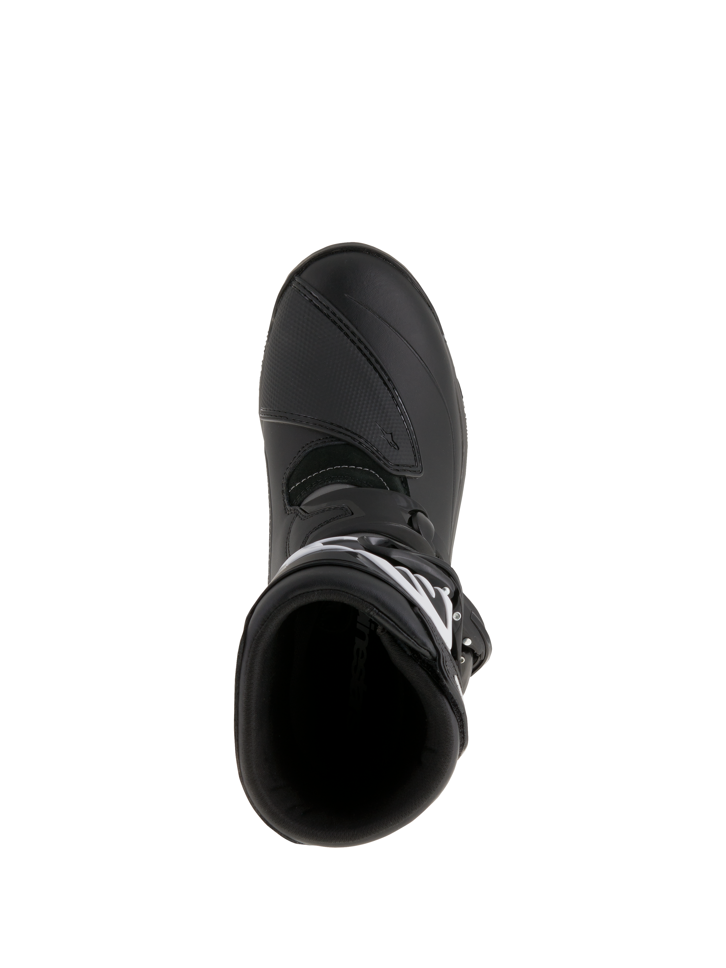 Alpinestars Belize Drystar® støvler, adventure touring motorcykelstøvler, sort, set oppefra, der viser indgangsåbningen og den forstærkede gearskiftebeskytter, vandtæt læder- og mikrofiberkonstruktion