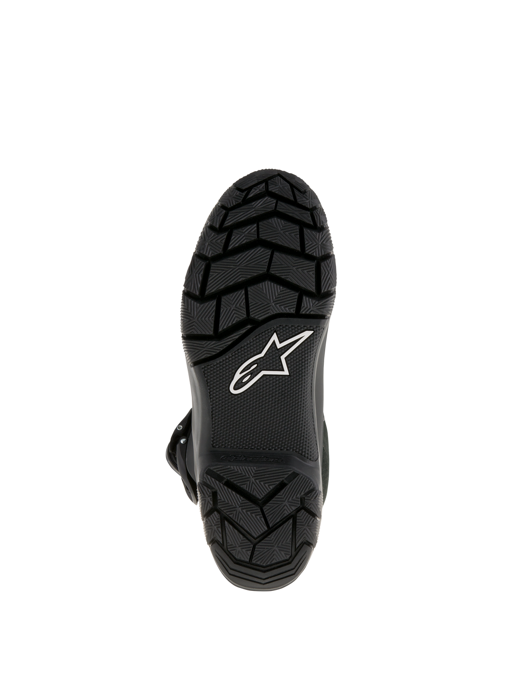 Alpinestars Belize Drystar®-støvler, adventure touring-motorcykelstøvler, set nedefra, der viser sort vulkaniseret gummisål med groft slidbanemønster for overlegent greb og hvidt Alpinestars-stjernelogo