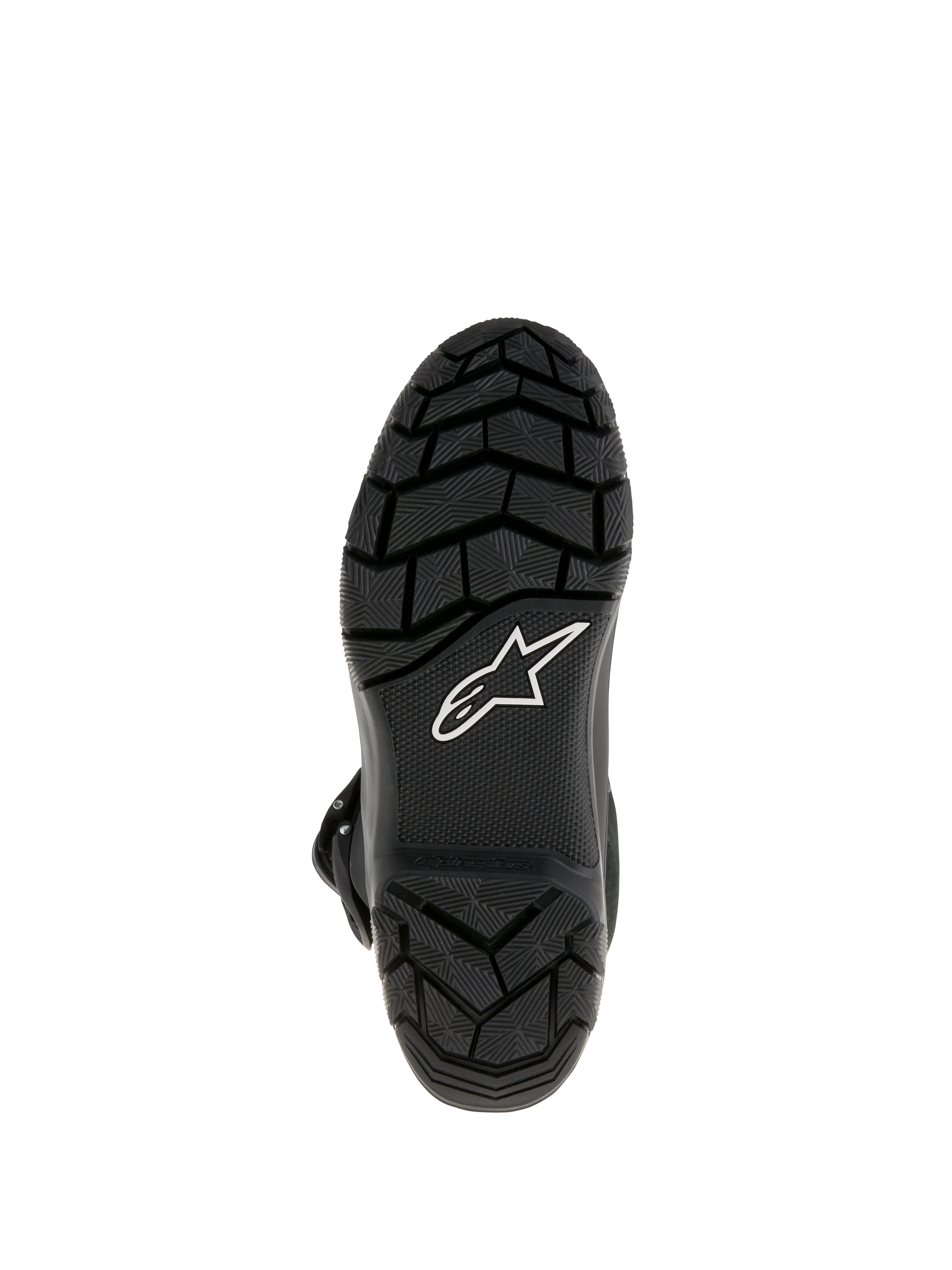 Alpinestars Belize Drystar®-støvler, adventure touring-motorcykelstøvler, set nedefra, der viser sort vulkaniseret gummisål med groft slidbanemønster for overlegent greb og hvidt Alpinestars-stjernelogo