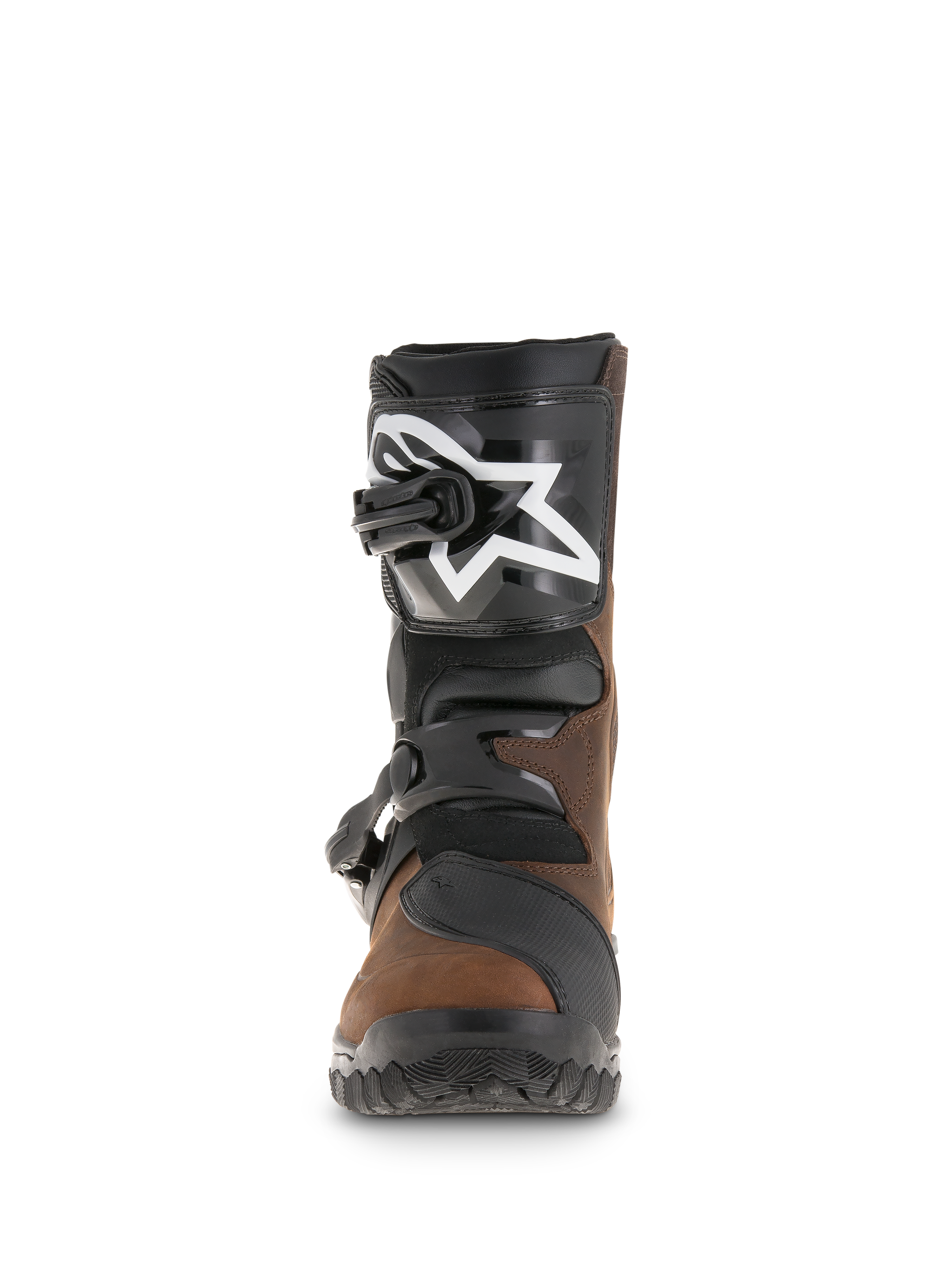 Alpinestars Belize Drystar® støvler, adventure touring-støvler, olieret brun og sort, set forfra viser TPU skinneplate med hvidt stjernelogo, dobbelt spænde-lukkesystem og robust mønstret sål