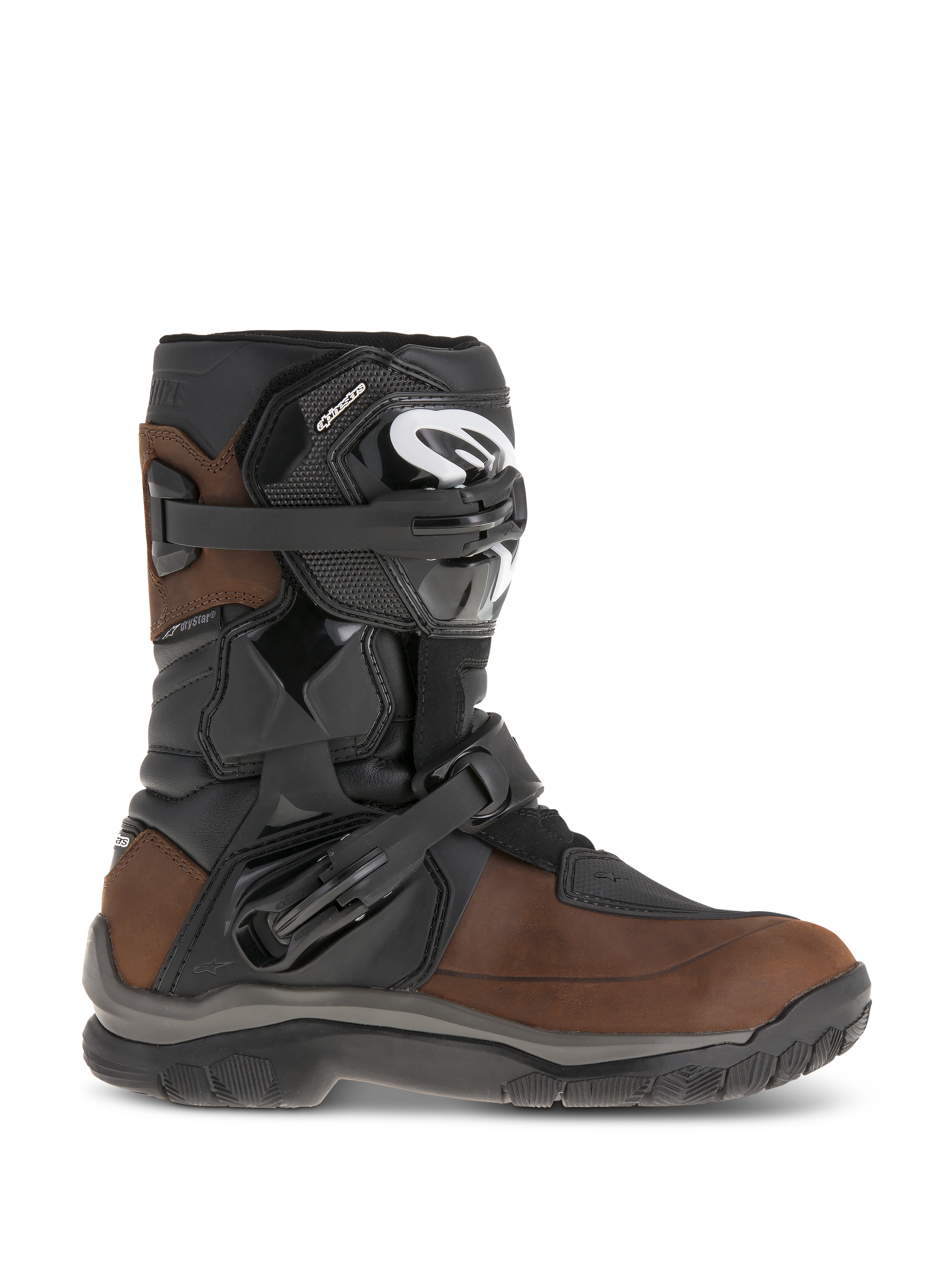 Alpinestars Belize Drystar støvler, korte adventure touring motorcykelstøvler, olieret brunt og sort læder, lateral flexi-blade ankelbeskyttelse, to justerbare skraldespænder, holdbar tekstureret gummisål