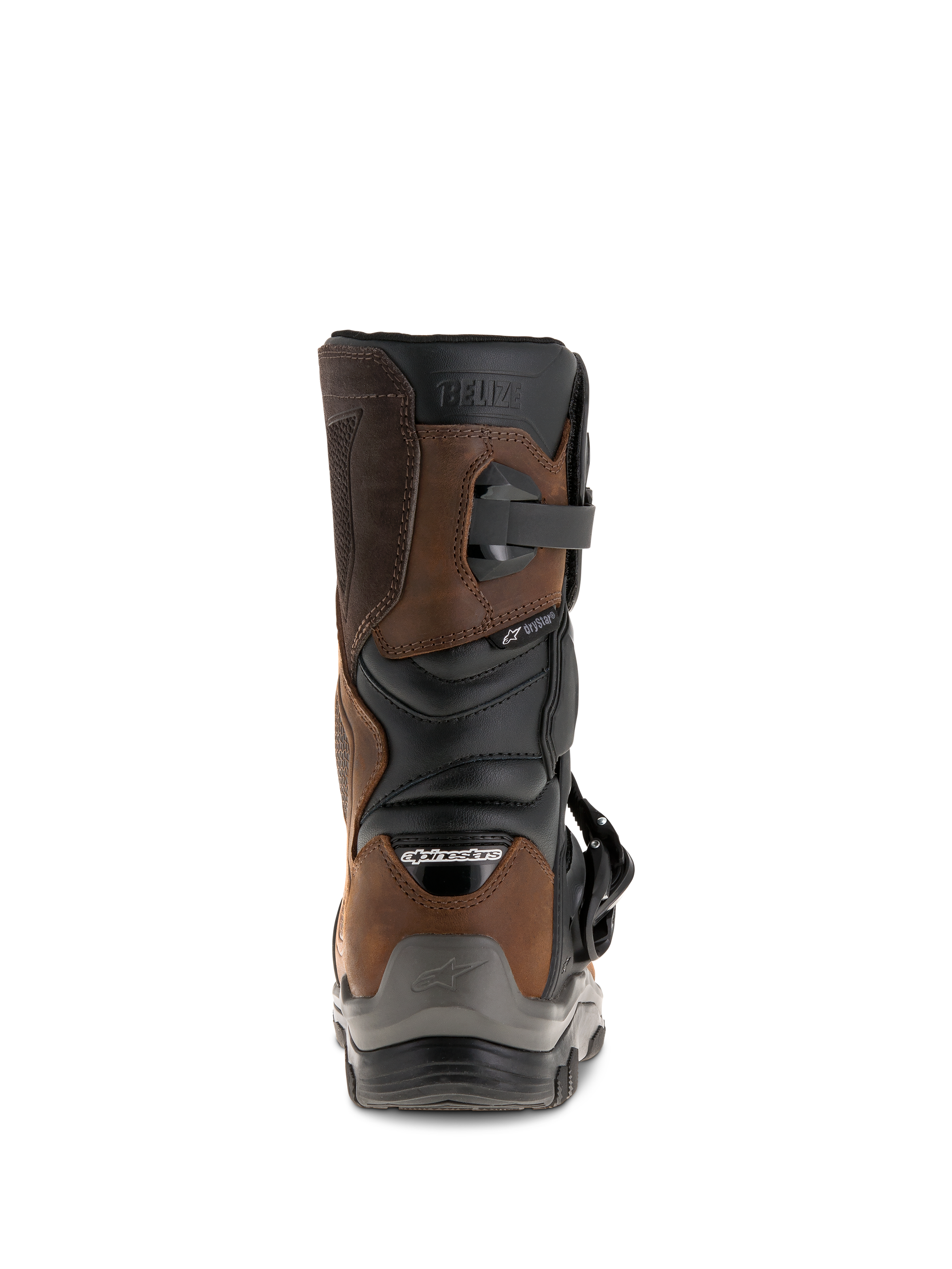 Alpinestars Belize Drystar® støvler, set bagfra, Oiled Brown og sort, vandtætte adventure touring motorcykelstøvler med kort læg-design, præget 'BELIZE'-logo og robust hælbeskytter.
