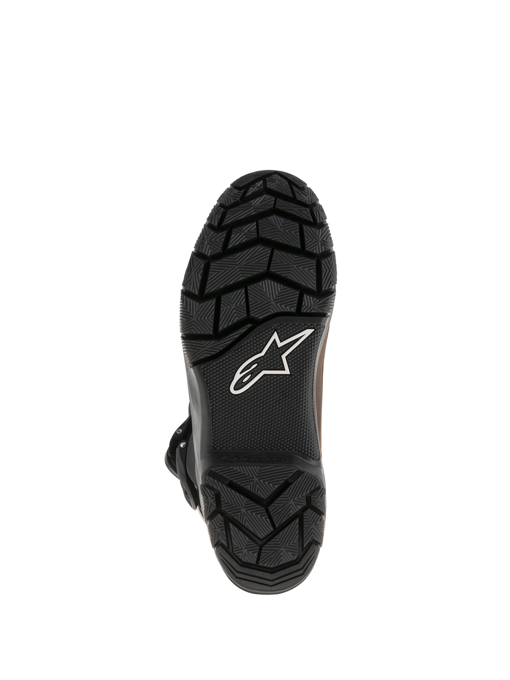 Alpinestars Belize Drystar® støvler, sort vulkaniseret gummisål med robust mønstret slidbane, hvidt Alpinestars stjernelogo, holdbart greb-design til adventure touring