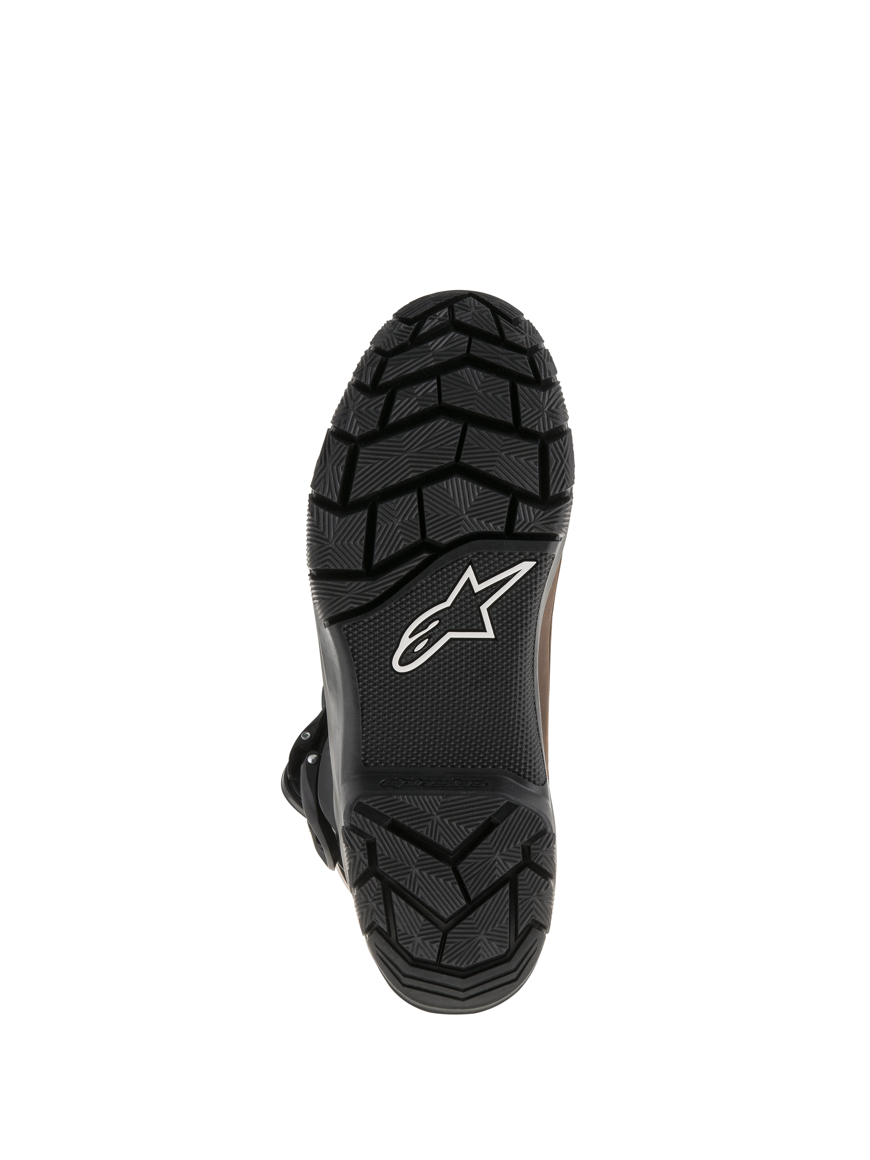 Alpinestars Belize Drystar® støvler, sort vulkaniseret gummisål med robust mønstret slidbane, hvidt Alpinestars stjernelogo, holdbart greb-design til adventure touring