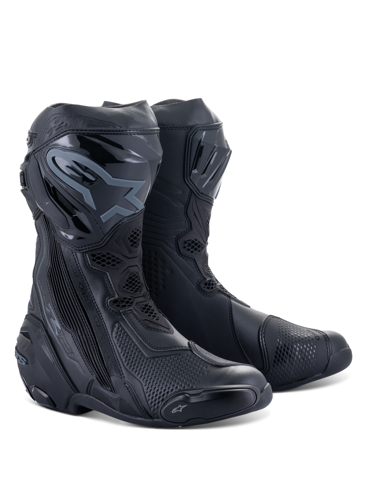 Alpinestars Supertech R støvler, motorcykelstøvler til racing, helt sorte, med beskyttende TPU-skinnebensplader, udskiftelige slidere og et strømlinet performance-design til kørsel på vej og bane