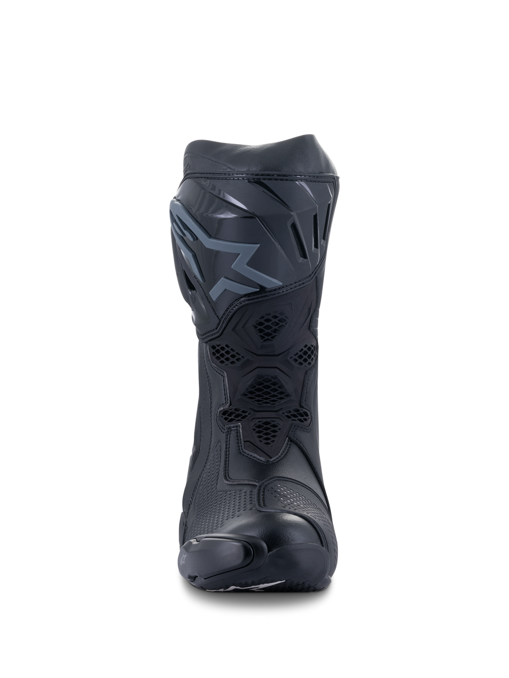 Alpinestars Supertech R støvler, racing-motorcykelstøvler, sort og sort, set forfra, viser TPU-skinnebensplade med logo, mesh-ventilationspaneler og strømlinet beskyttende konstruktion