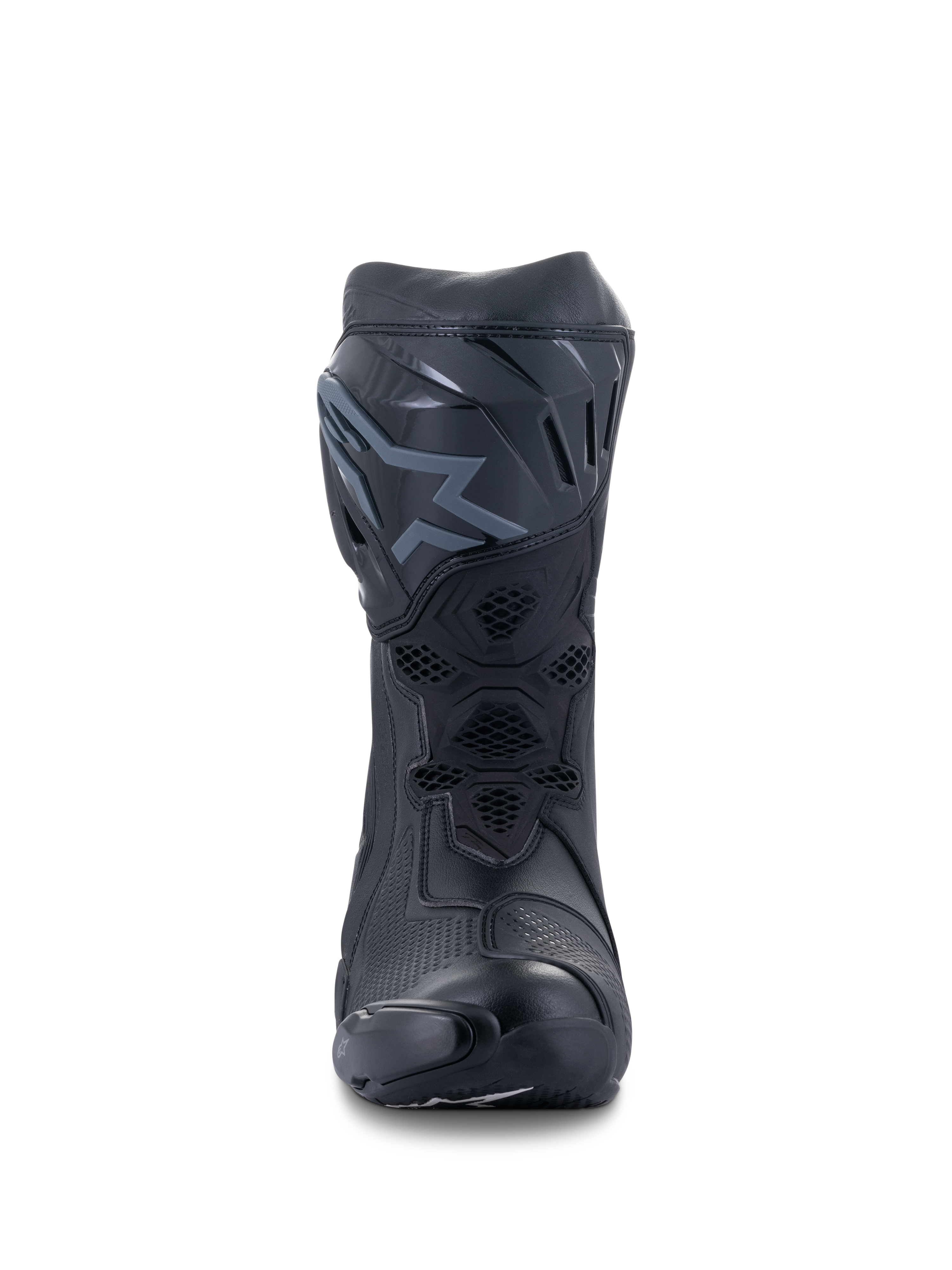 Alpinestars Supertech R støvler, racing-motorcykelstøvler, sort og sort, set forfra, viser TPU-skinnebensplade med logo, mesh-ventilationspaneler og strømlinet beskyttende konstruktion