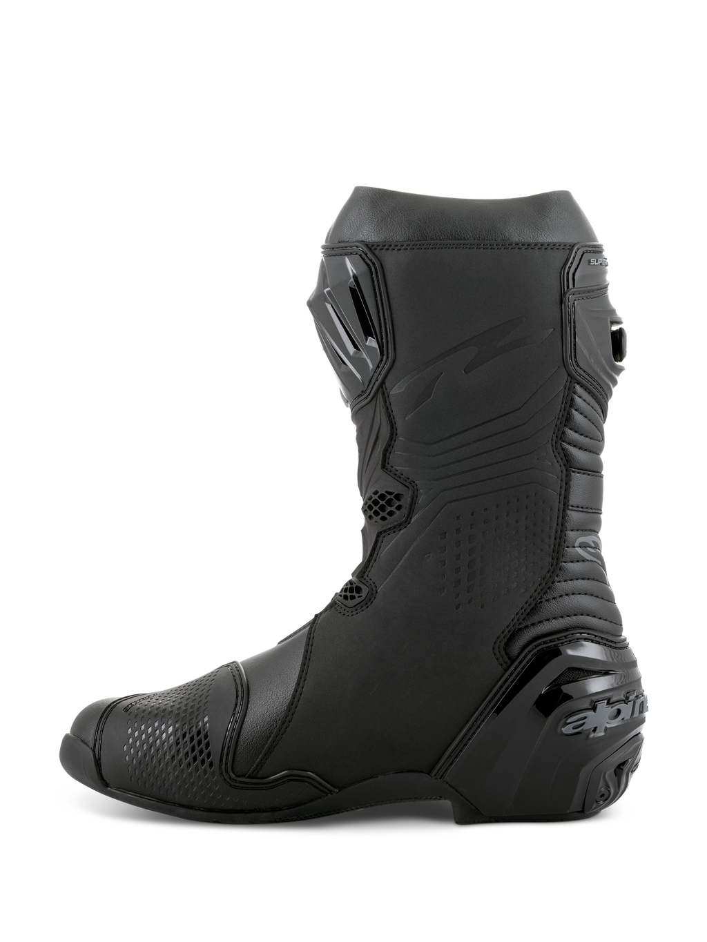Alpinestars Supertech R Boots, racing-motorcykelstøvler, sort sort, sideprofilvisning med TPU-skinnebensplade, forstærket hælbeskytter og harmonika-flexzoner for naturlig bevægelse, professionelt fodtøj til bane- og gadebrug