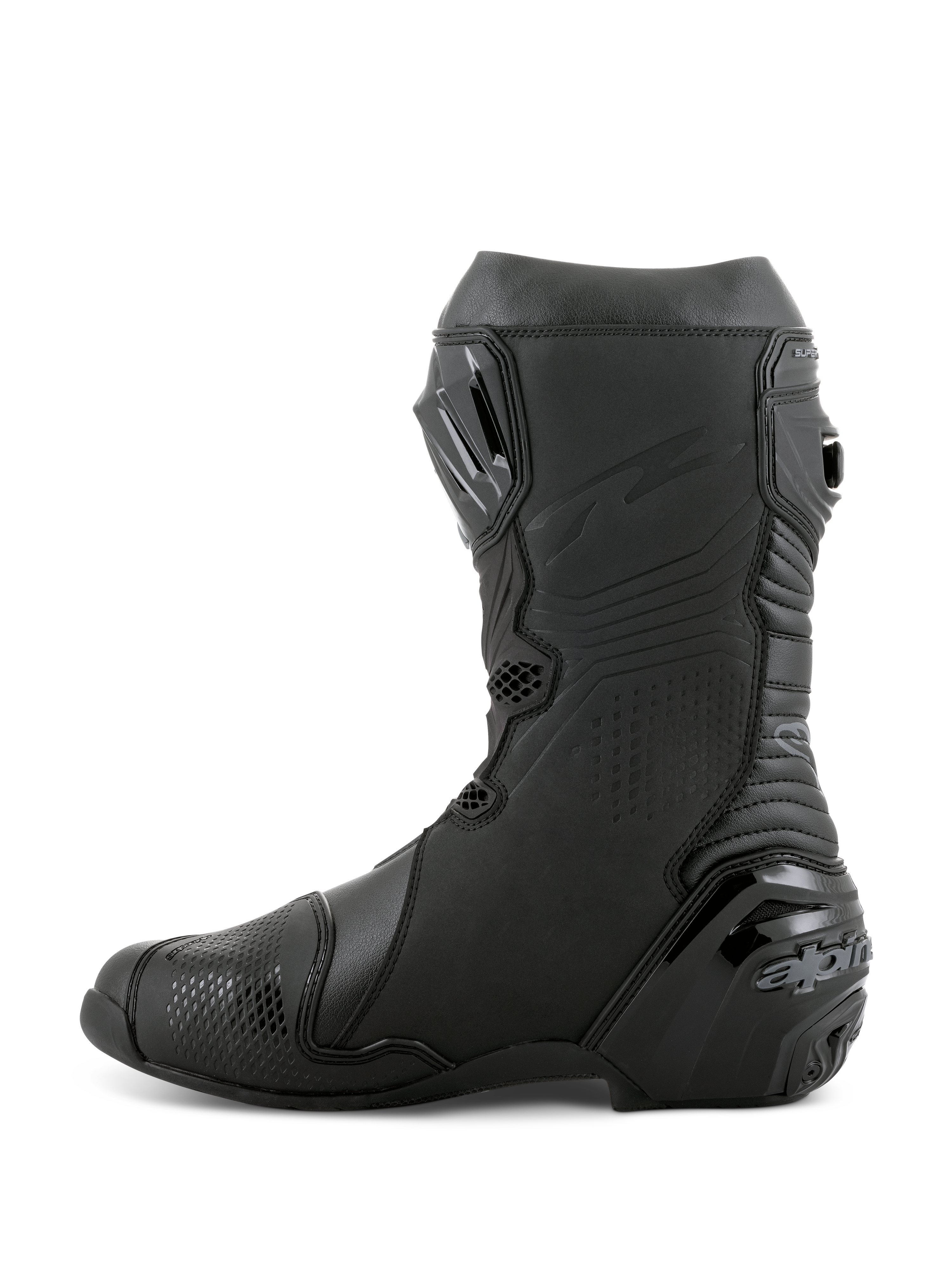 Alpinestars Supertech R Boots, racing-motorcykelstøvler, sort sort, sideprofilvisning med TPU-skinnebensplade, forstærket hælbeskytter og harmonika-flexzoner for naturlig bevægelse, professionelt fodtøj til bane- og gadebrug