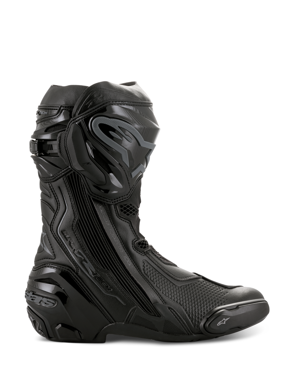 Alpinestars Supertech R støvler, højtydende motorcykelracingstøvler, helt sorte, sideprofil der viser TPU-skinnebensbeskytter, udskiftelig tåslider og forstærket hæl, professionelt baneklart design
