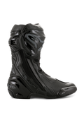 Alpinestars Supertech R støvler, højtydende motorcykelracingstøvler, helt sorte, sideprofil der viser TPU-skinnebensbeskytter, udskiftelig tåslider og forstærket hæl, professionelt baneklart design