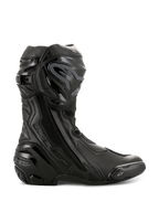 Alpinestars Supertech R støvler, højtydende motorcykelracingstøvler, helt sorte, sideprofil der viser TPU-skinnebensbeskytter, udskiftelig tåslider og forstærket hæl, professionelt baneklart design