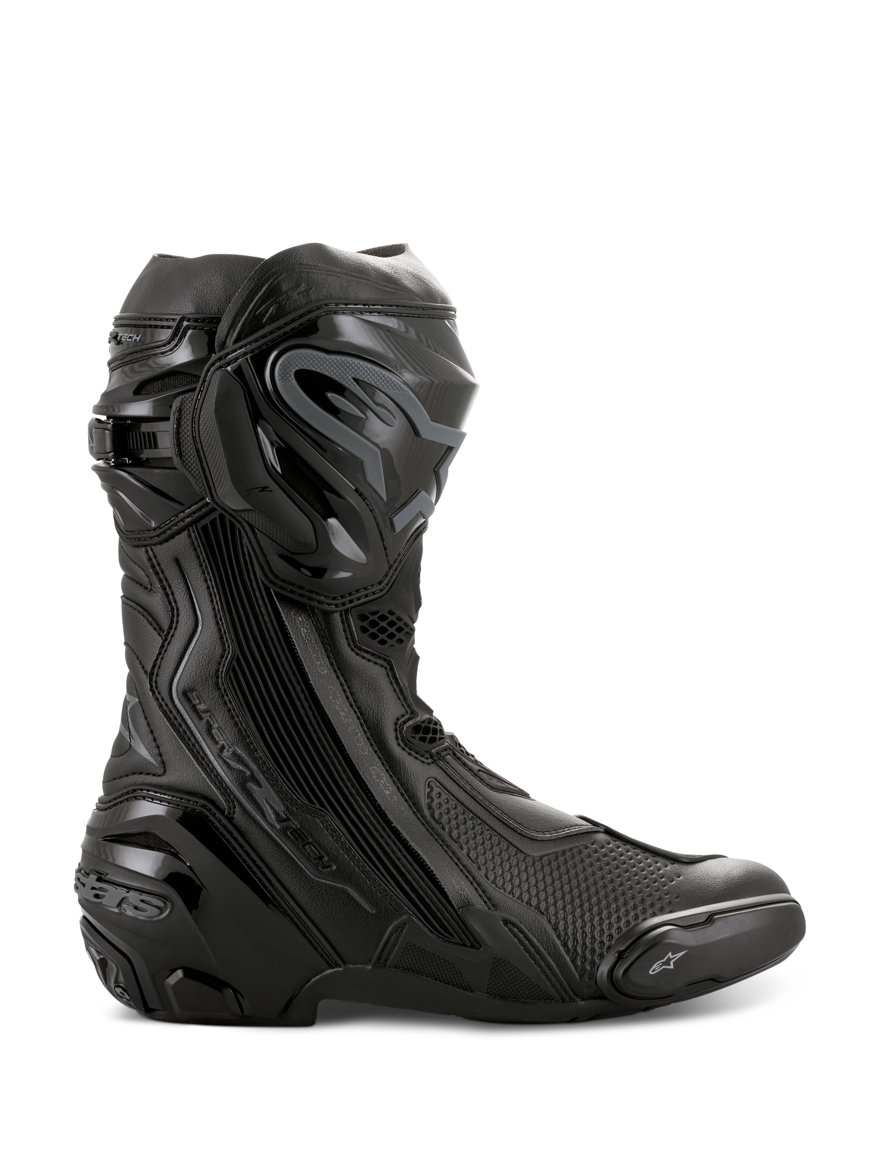 Alpinestars Supertech R støvler, højtydende motorcykelracingstøvler, helt sorte, sideprofil der viser TPU-skinnebensbeskytter, udskiftelig tåslider og forstærket hæl, professionelt baneklart design