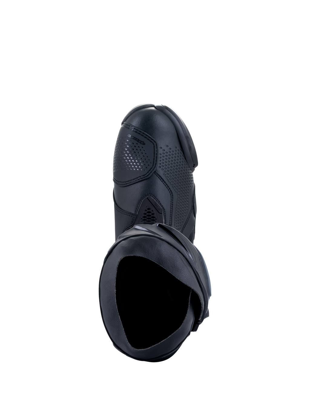 Alpinestars Supertech R støvler, motorcykelracerstøvler, sort, set oppefra viser den indvendige åbning, gearskiftepude og tekstureret syntetisk overdel, professionelt racerfodtøjsdesign