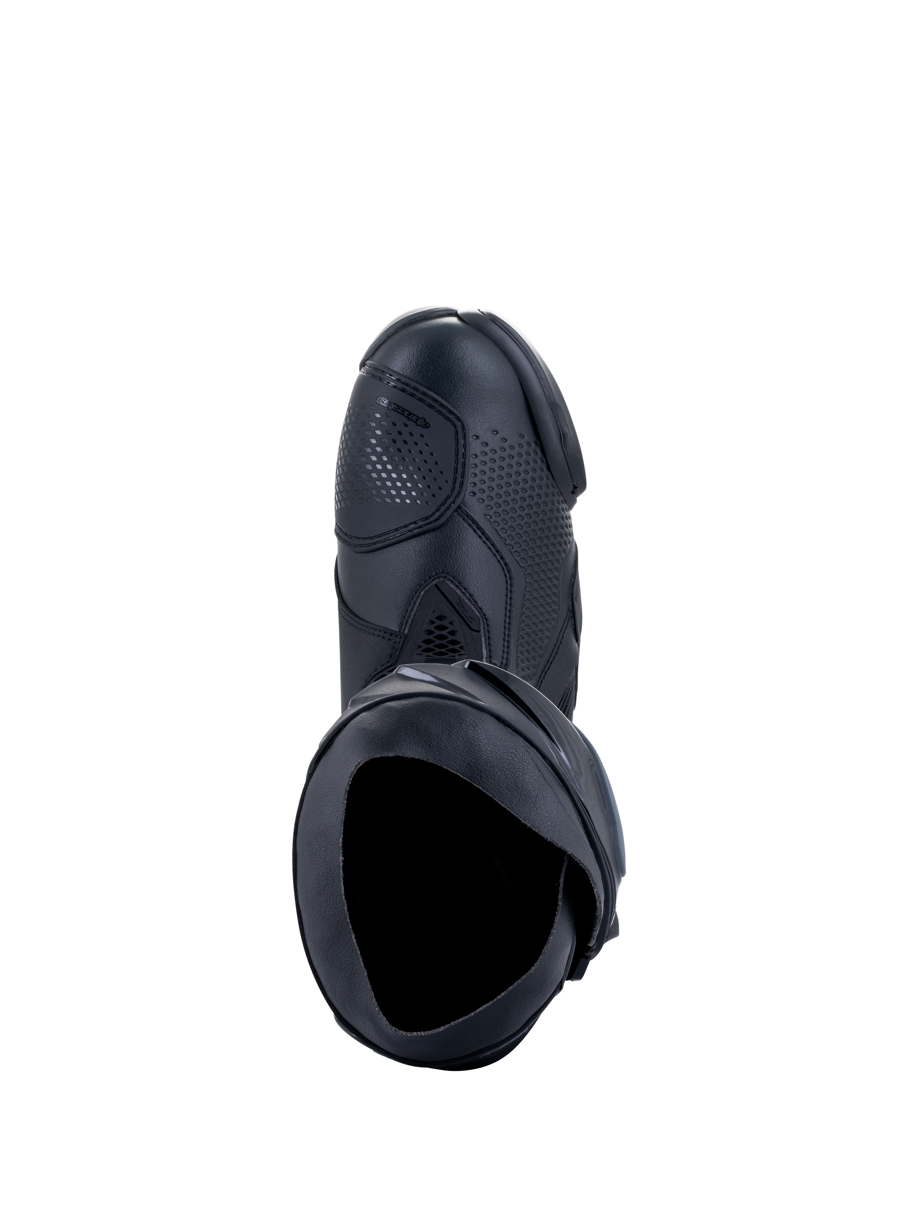 Alpinestars Supertech R støvler, motorcykelracerstøvler, sort, set oppefra viser den indvendige åbning, gearskiftepude og tekstureret syntetisk overdel, professionelt racerfodtøjsdesign