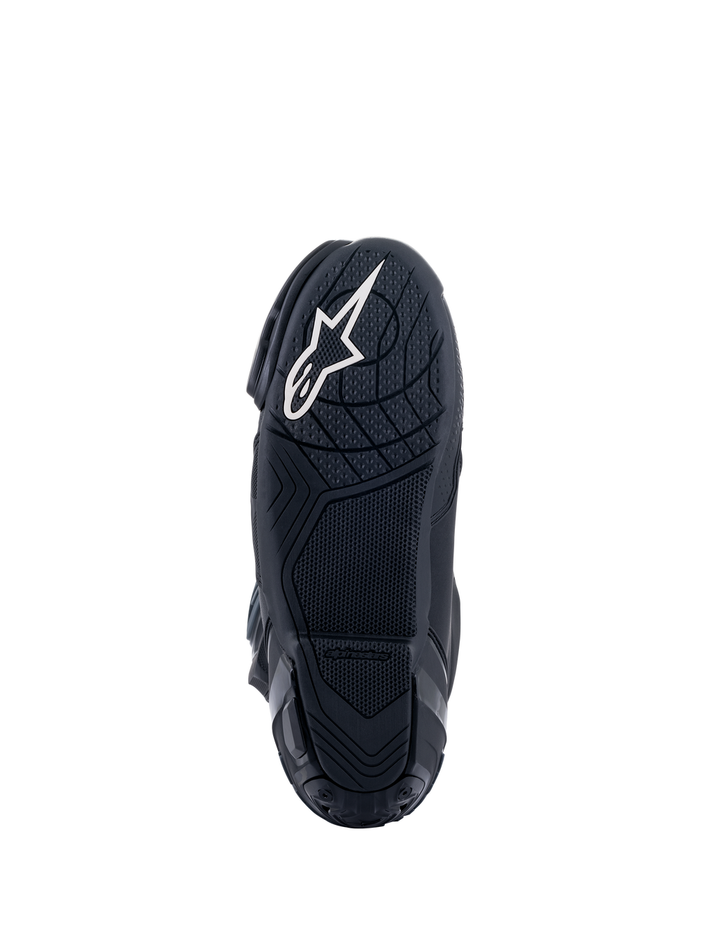 Alpinestars Supertech R støvler, motorcykelstøvler til racing, sort, undersiden af gummiblandingssålen med tekstureret gribemønster, med hvidt Alpinestars-stjernelogo på hælen
