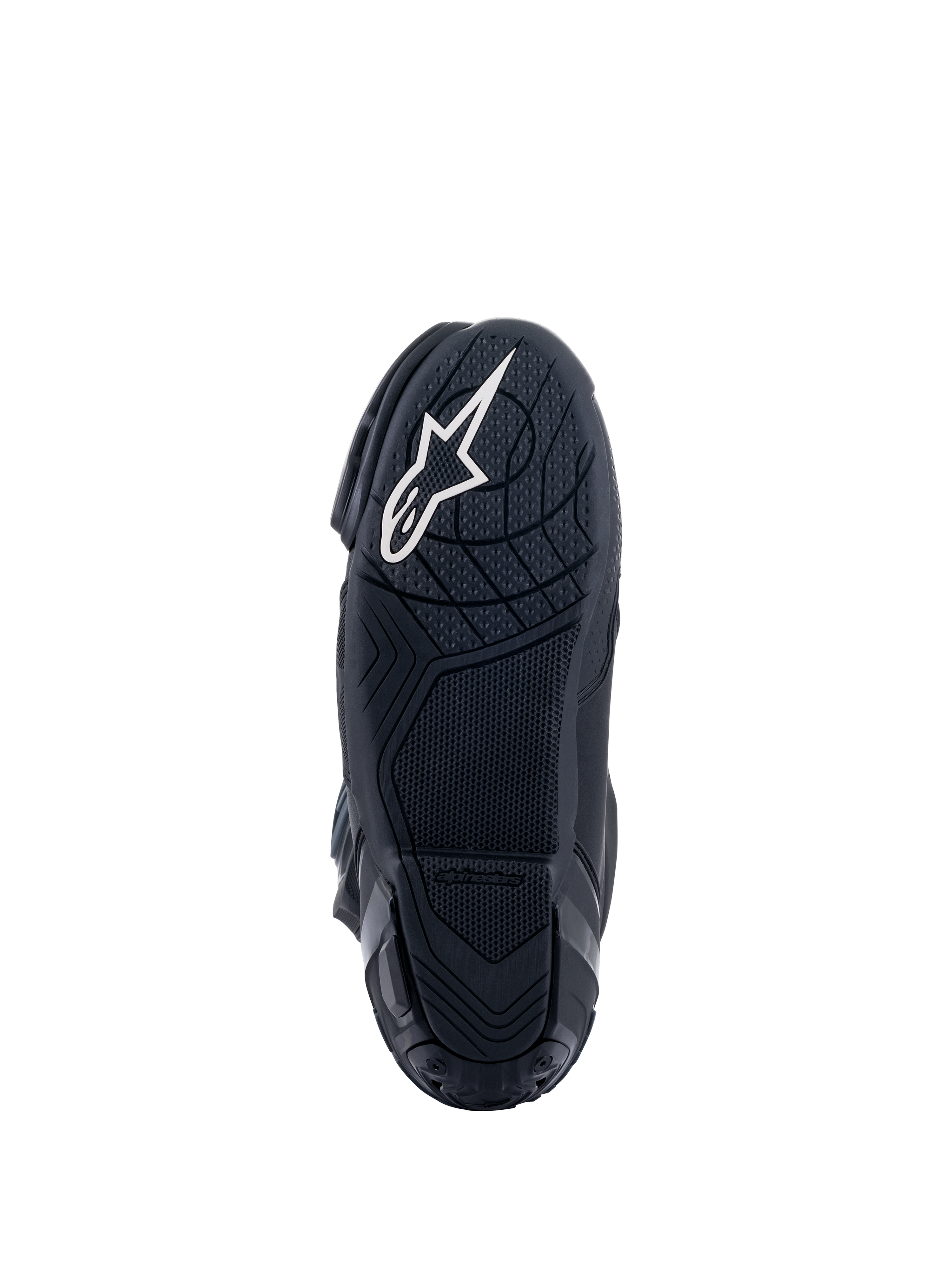 Alpinestars Supertech R støvler, motorcykelstøvler til racing, sort, undersiden af gummiblandingssålen med tekstureret gribemønster, med hvidt Alpinestars-stjernelogo på hælen