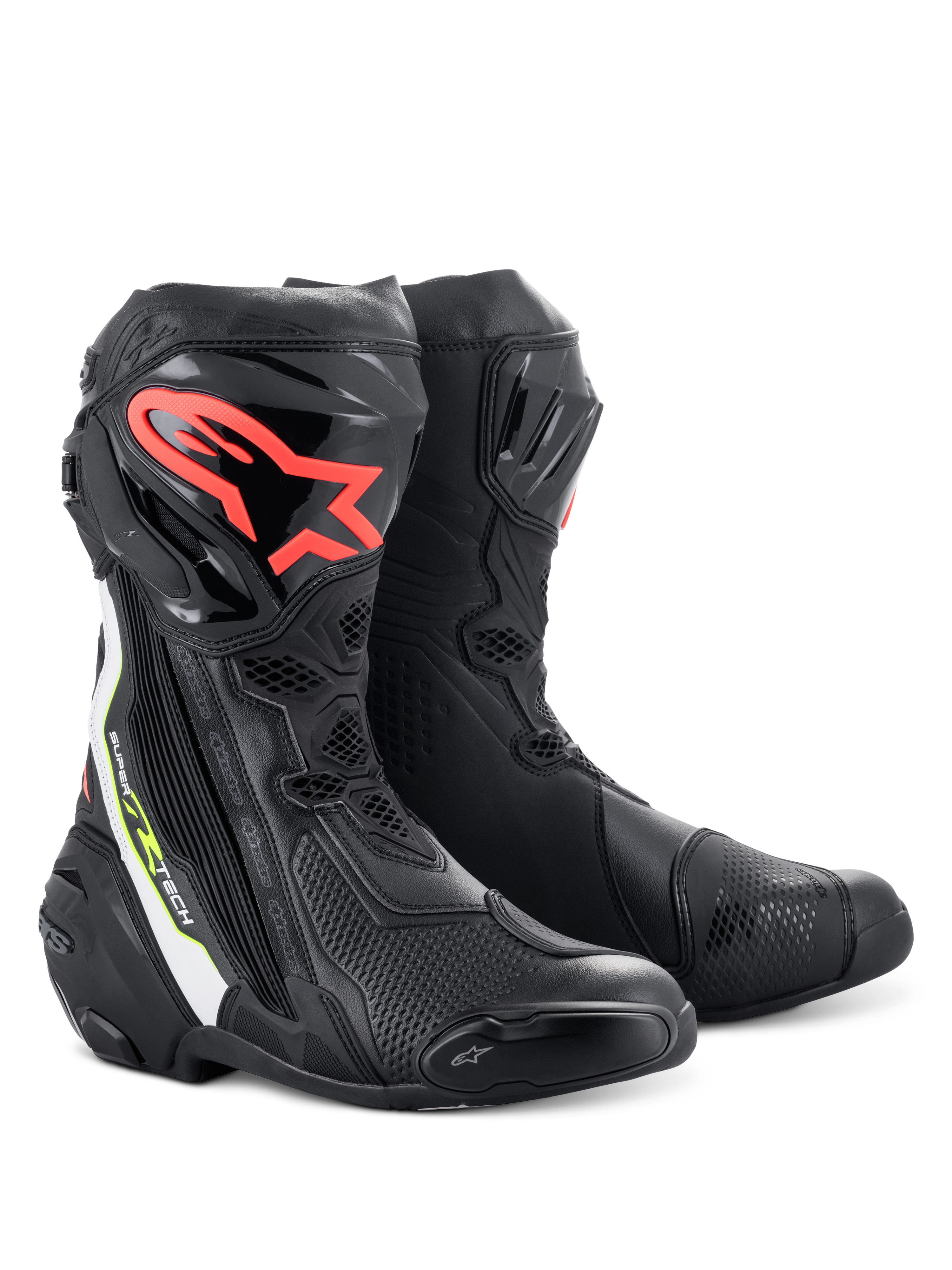 Alpinestars Supertech R Boots, performance motorcycle racing boots, black with red Alpinestars logo on the shin, white and fluorescent yellow accents, featuring technical microfiber construction and protective TPU shin plates.