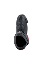 Alpinestars Supertech R Boots, Performance Motorcycle Racing Boots, Black with red accents, top-down view showcasing the microfiber upper, perforated texture, TPU shifter zone, and secure entry opening.