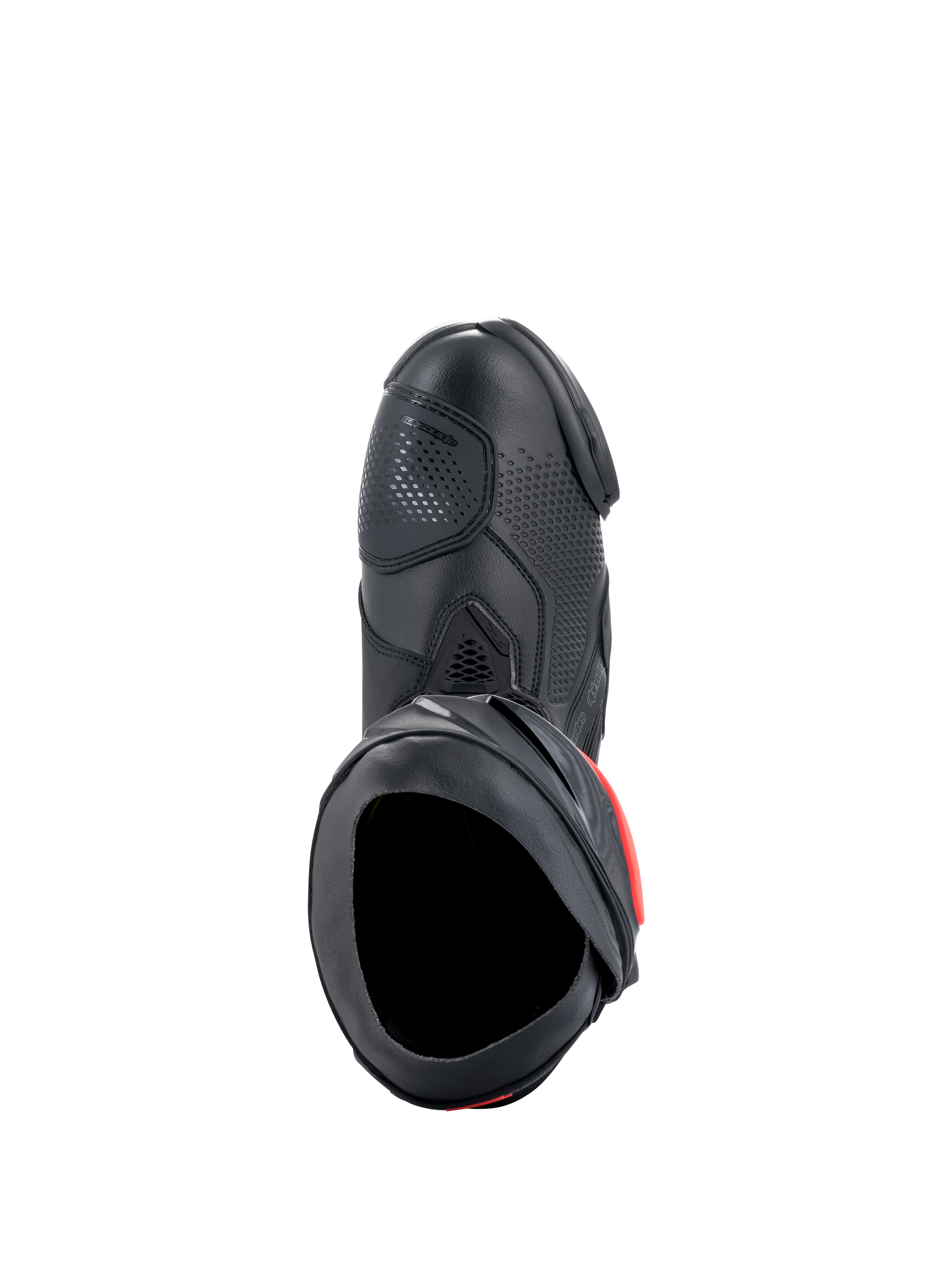 Alpinestars Supertech R Boots, Performance Motorcycle Racing Boots, Black with red accents, top-down view showcasing the microfiber upper, perforated texture, TPU shifter zone, and secure entry opening.