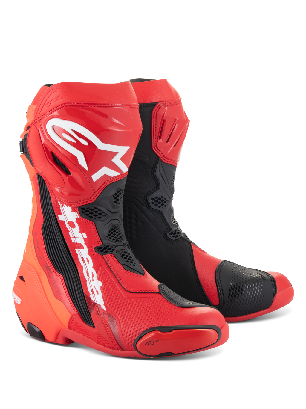 Alpinestars Supertech R støvler, motorcykel racingstøvler, lys rød og rød fluo med sorte og hvide detaljer, hvide Alpinestars-logoer på skinnebenet, forstærkede beskyttelsesplader og udskiftelige tåslidere, højtydende fodtøj til sport og racing