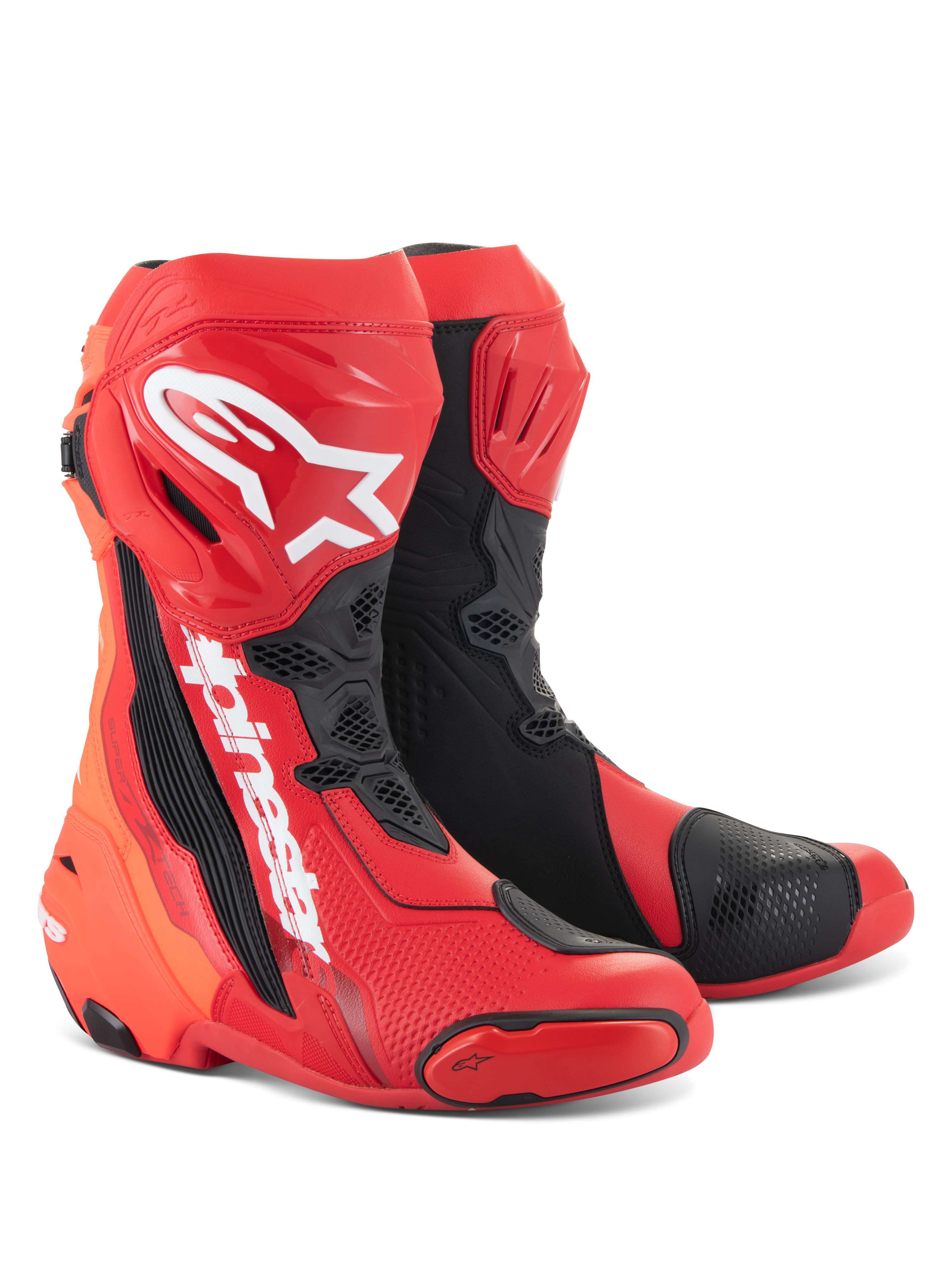 Alpinestars Supertech R støvler, motorcykel racingstøvler, lys rød og rød fluo med sorte og hvide detaljer, hvide Alpinestars-logoer på skinnebenet, forstærkede beskyttelsesplader og udskiftelige tåslidere, højtydende fodtøj til sport og racing