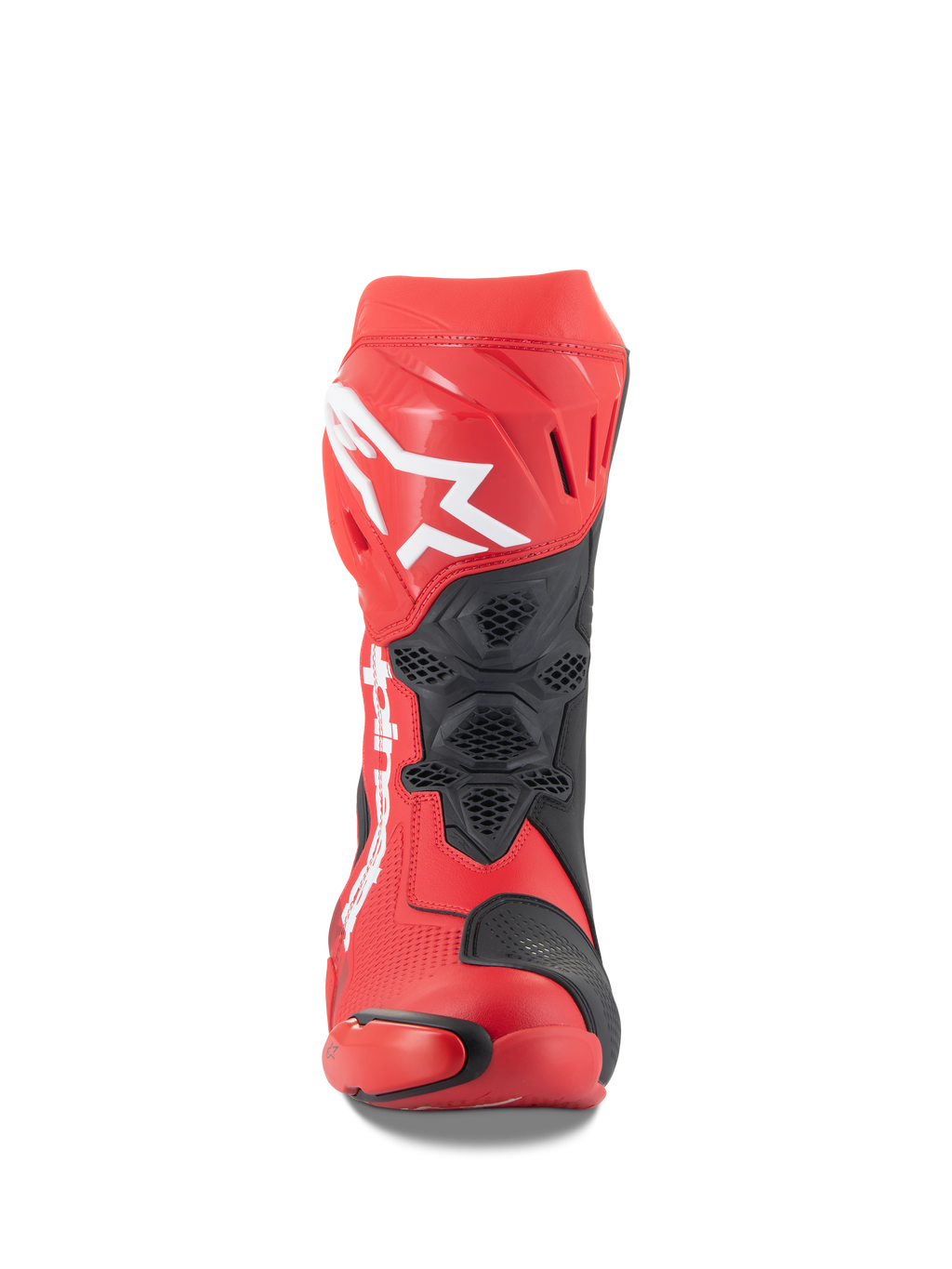 Alpinestars Supertech R støvler, Bright Red og Red Fluo, set forfra med et stort hvidt Astars-logo på skinnebenspladen, sorte mesh-ventilationspaneler og et teknisk racerdesign til banekørsel