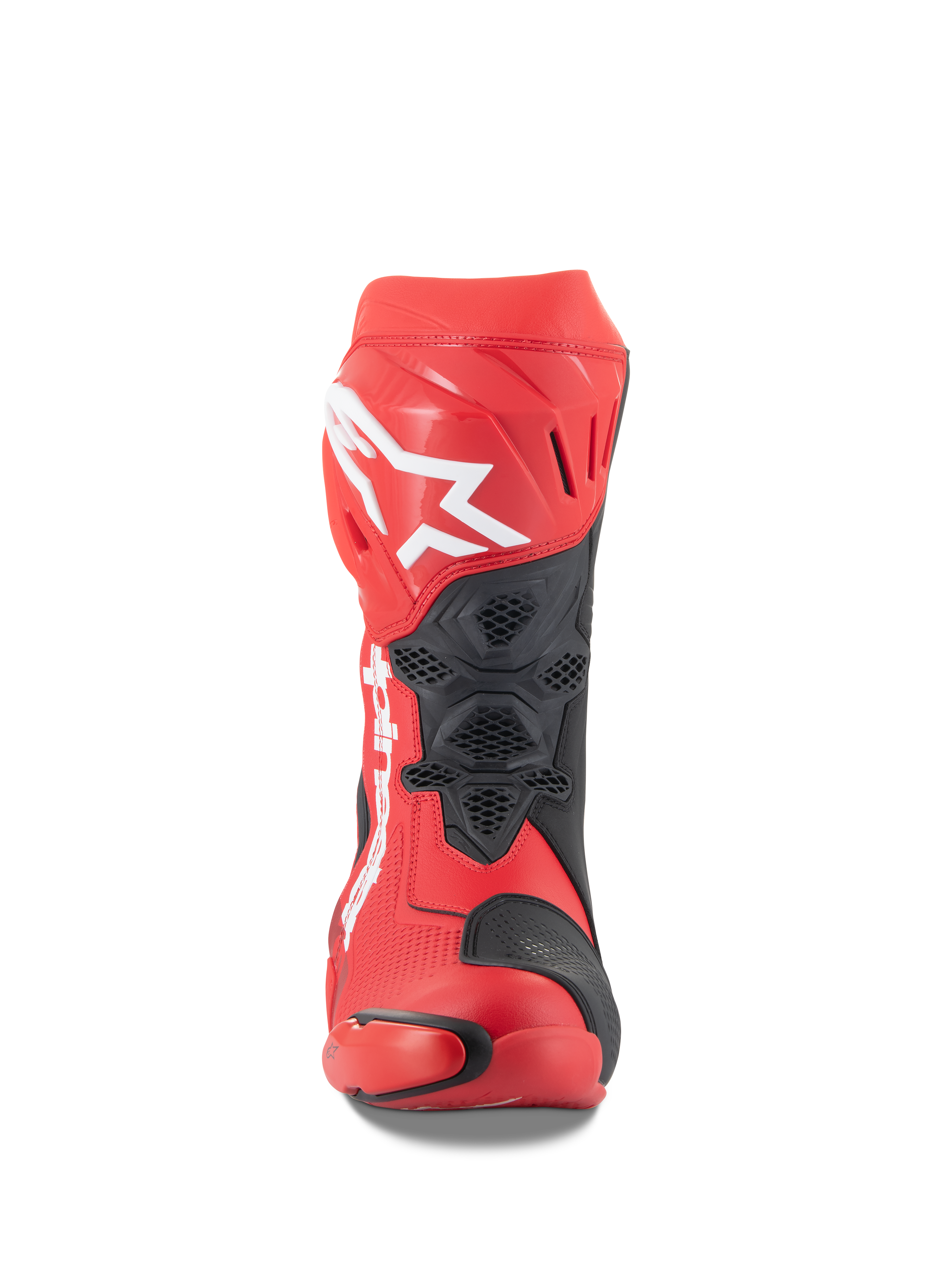 Alpinestars Supertech R støvler, Bright Red og Red Fluo, set forfra med et stort hvidt Astars-logo på skinnebenspladen, sorte mesh-ventilationspaneler og et teknisk racerdesign til banekørsel