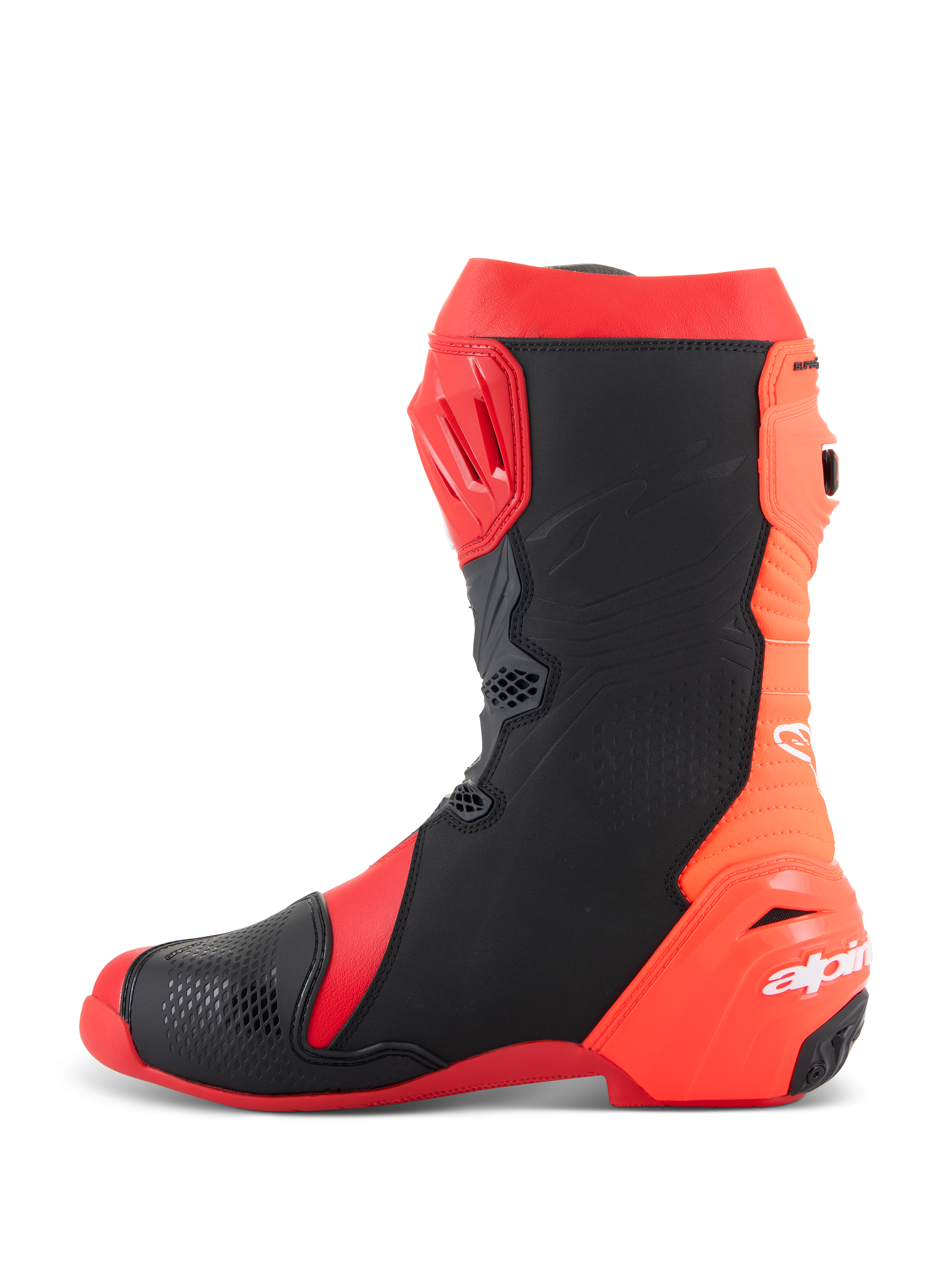 Alpinestars Supertech R-støvler, professionelle motorcykelracerstøvler, Bright Red og Red Fluo med sorte paneler, sideprofilvisning der viser TPU-skinnebenspladen, fleksibelt bagerste bælgsdesign og hvidt Alpinestars-logo på hælen.