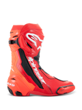 Alpinestars Supertech R støvler, motorcykel racingstøvler, Bright Red og Red Fluo, high-performance banedesign med TPU-skinnebensplade, udskiftelig tåslider og hvidt Alpinestars-logo, sideprofil