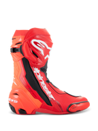 Alpinestars Supertech R støvler, motorcykel racingstøvler, Bright Red og Red Fluo, high-performance banedesign med TPU-skinnebensplade, udskiftelig tåslider og hvidt Alpinestars-logo, sideprofil