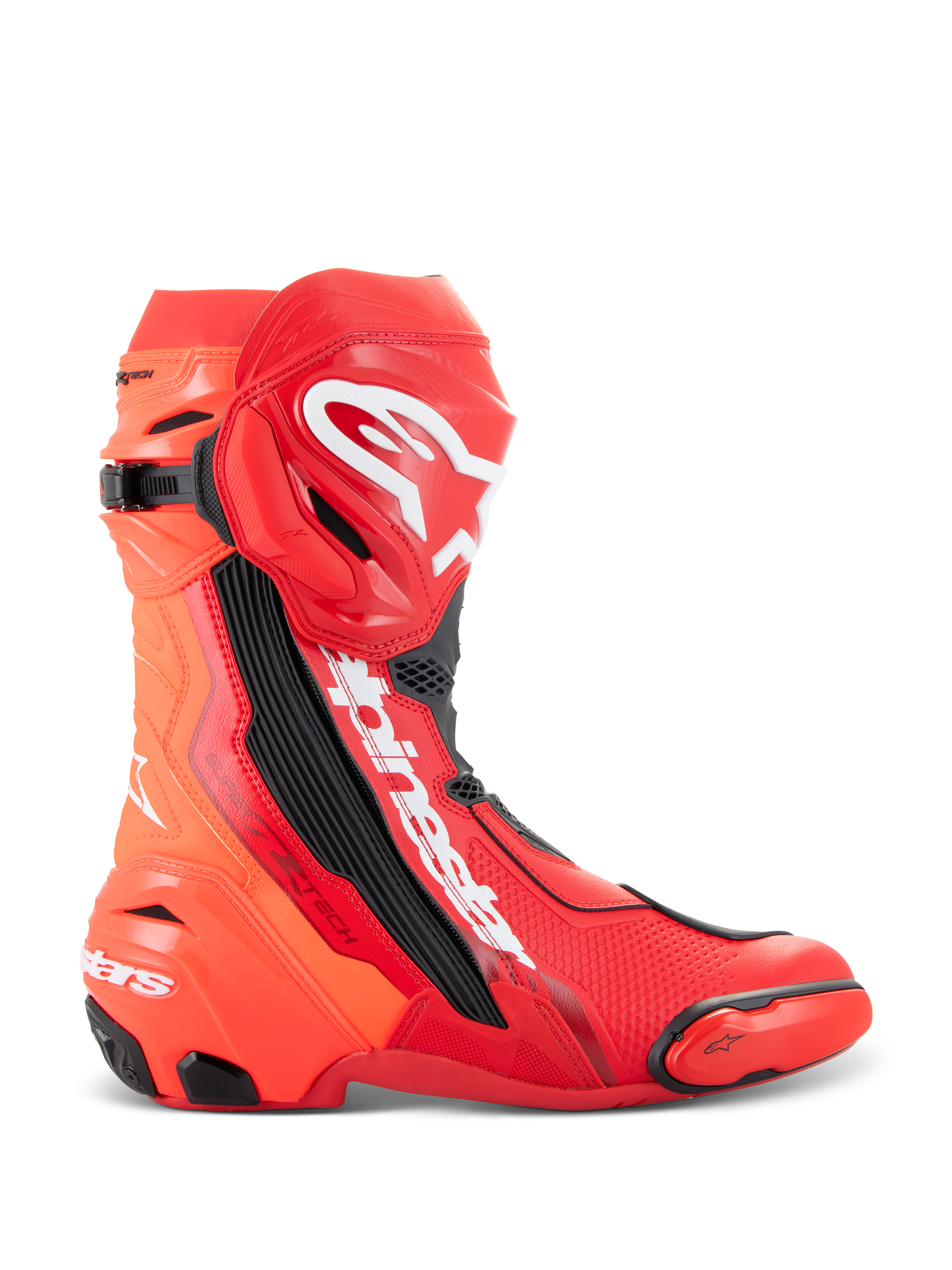 Alpinestars Supertech R støvler, motorcykel racingstøvler, Bright Red og Red Fluo, high-performance banedesign med TPU-skinnebensplade, udskiftelig tåslider og hvidt Alpinestars-logo, sideprofil
