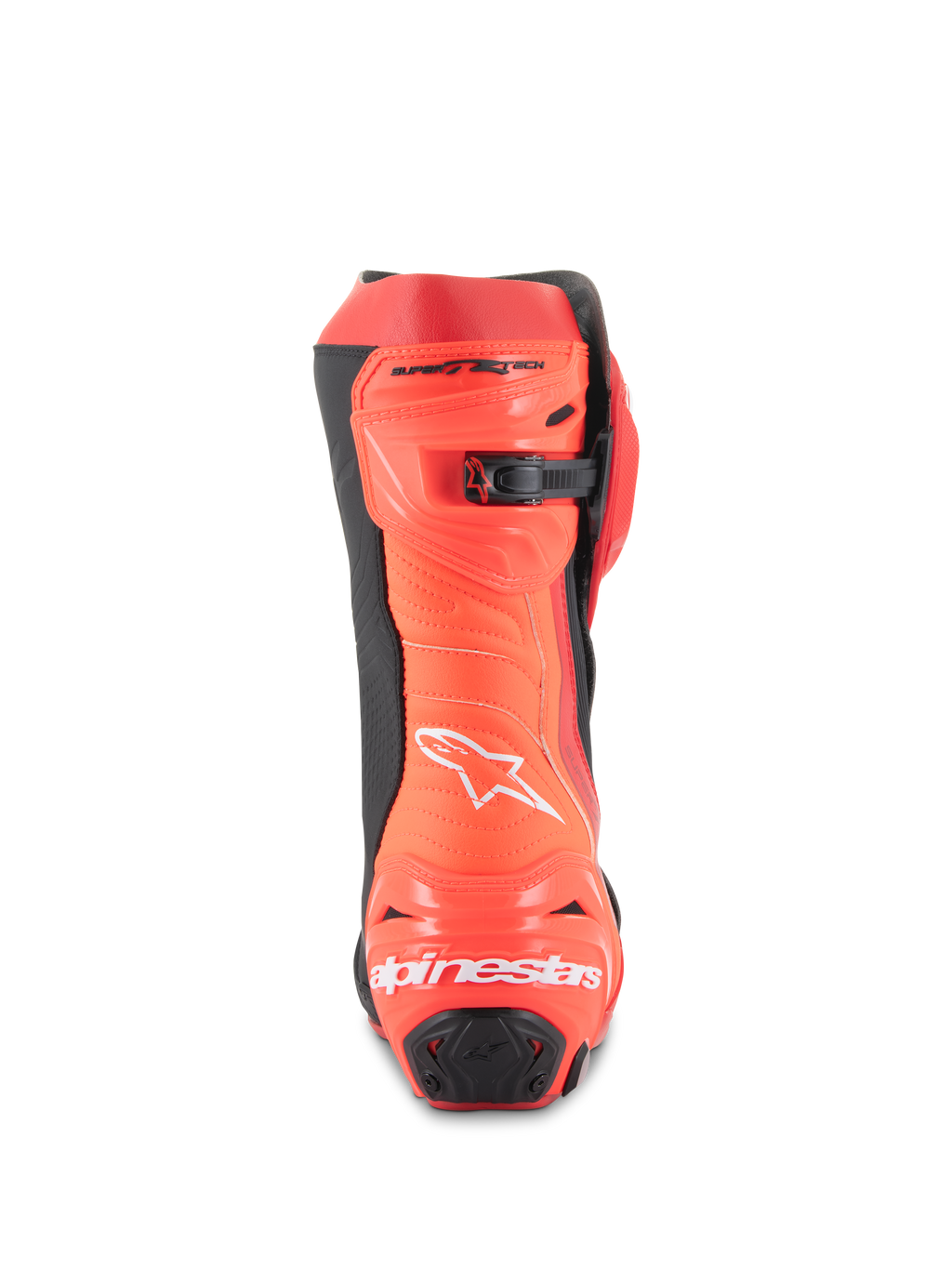 Alpinestars Supertech R støvler, motorcykel racingstøvler, Bright Red og Red Fluo, set bagfra, viser hælbeskytteren med hvid branding, sorte detaljer og mikrojusterbar skraldelukning ved læggen.