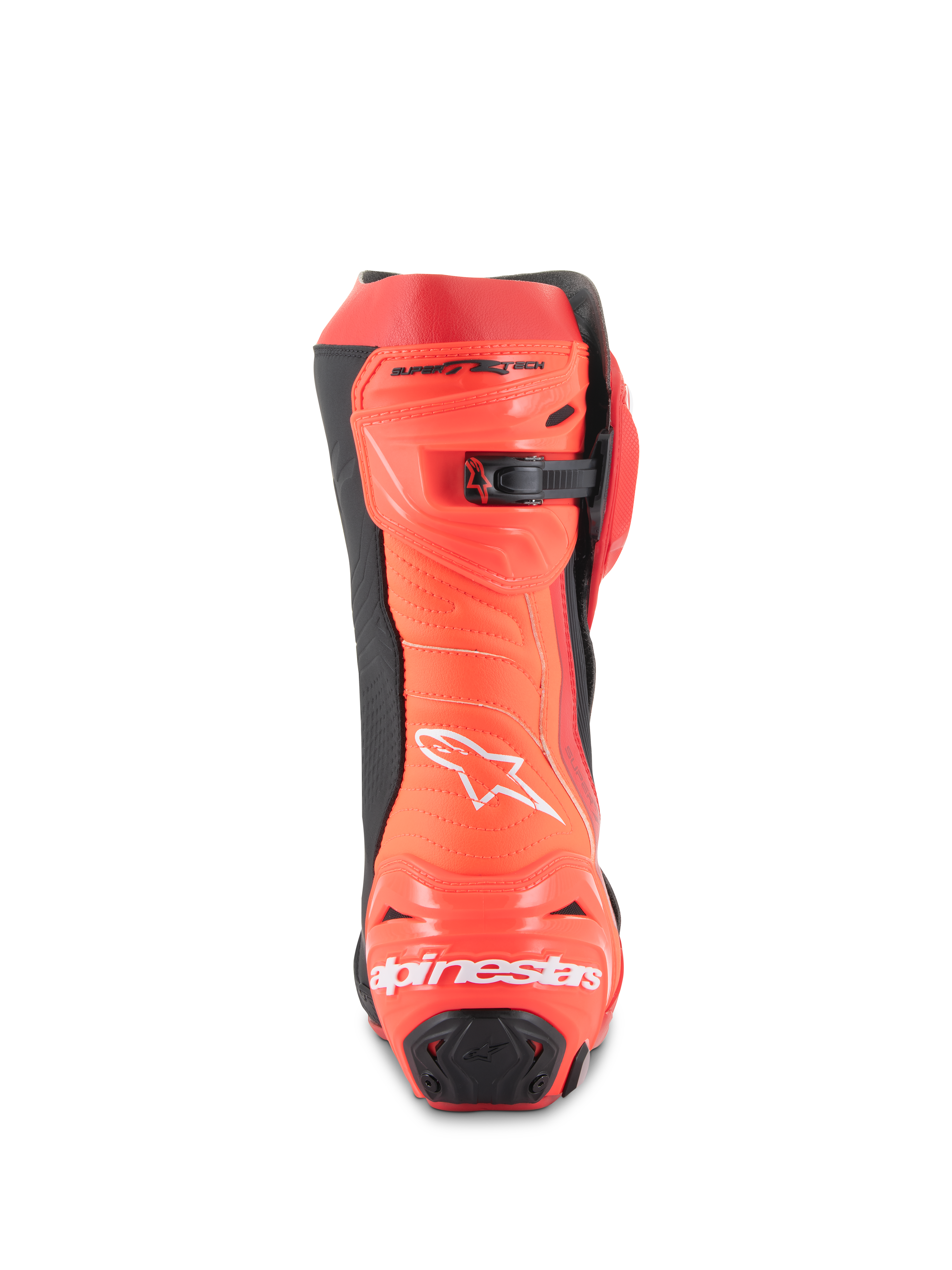 Alpinestars Supertech R støvler, motorcykel racingstøvler, Bright Red og Red Fluo, set bagfra, viser hælbeskytteren med hvid branding, sorte detaljer og mikrojusterbar skraldelukning ved læggen.